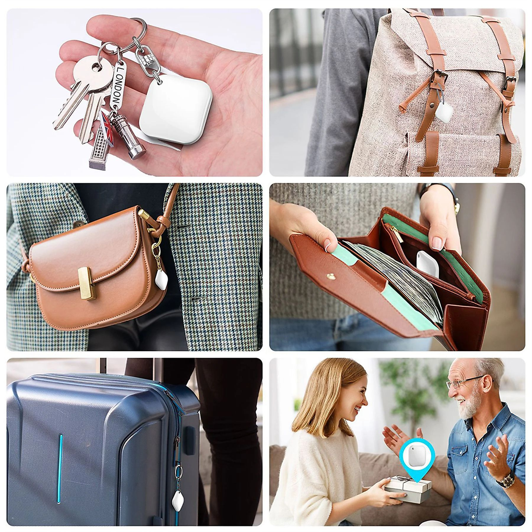 Ein Schlüsselbund, Rucksack, eine Tasche, eine Brieftasche, ein Koffer und ein Paar.