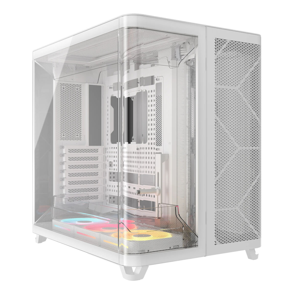 Un case PC bianco con frontale in vetro e ventole RGB.