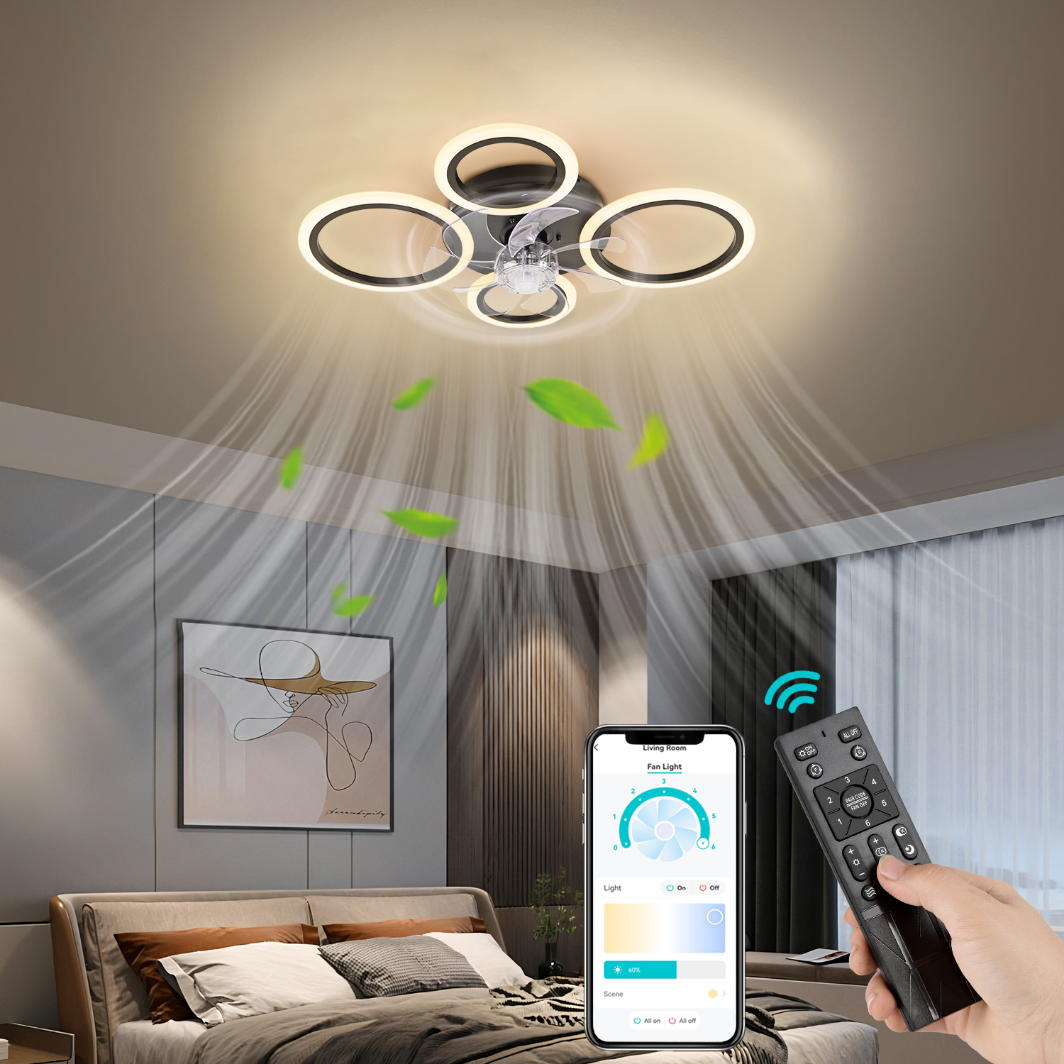 Deckenventilator mit Licht und Fernbedienung über Smartphone.