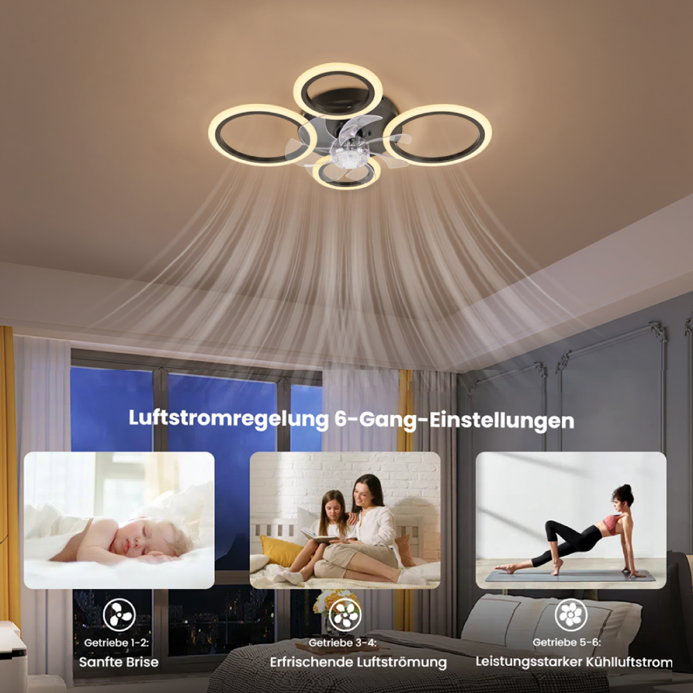 Deckenleuchte mit Ventilator, Baby schläft, Familie liest, Frau macht Yoga.