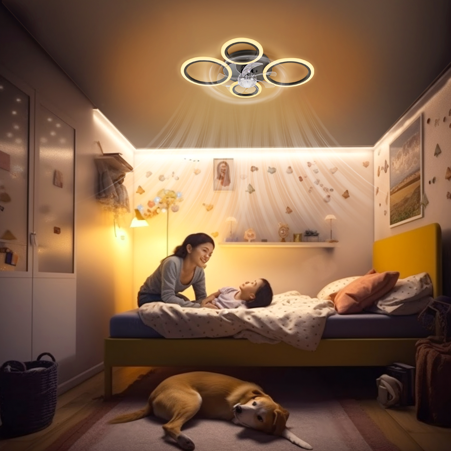 Mutter und Kind in einem Schlafzimmer mit Hund am Boden. Deckenventilatorlicht scheint herunter.