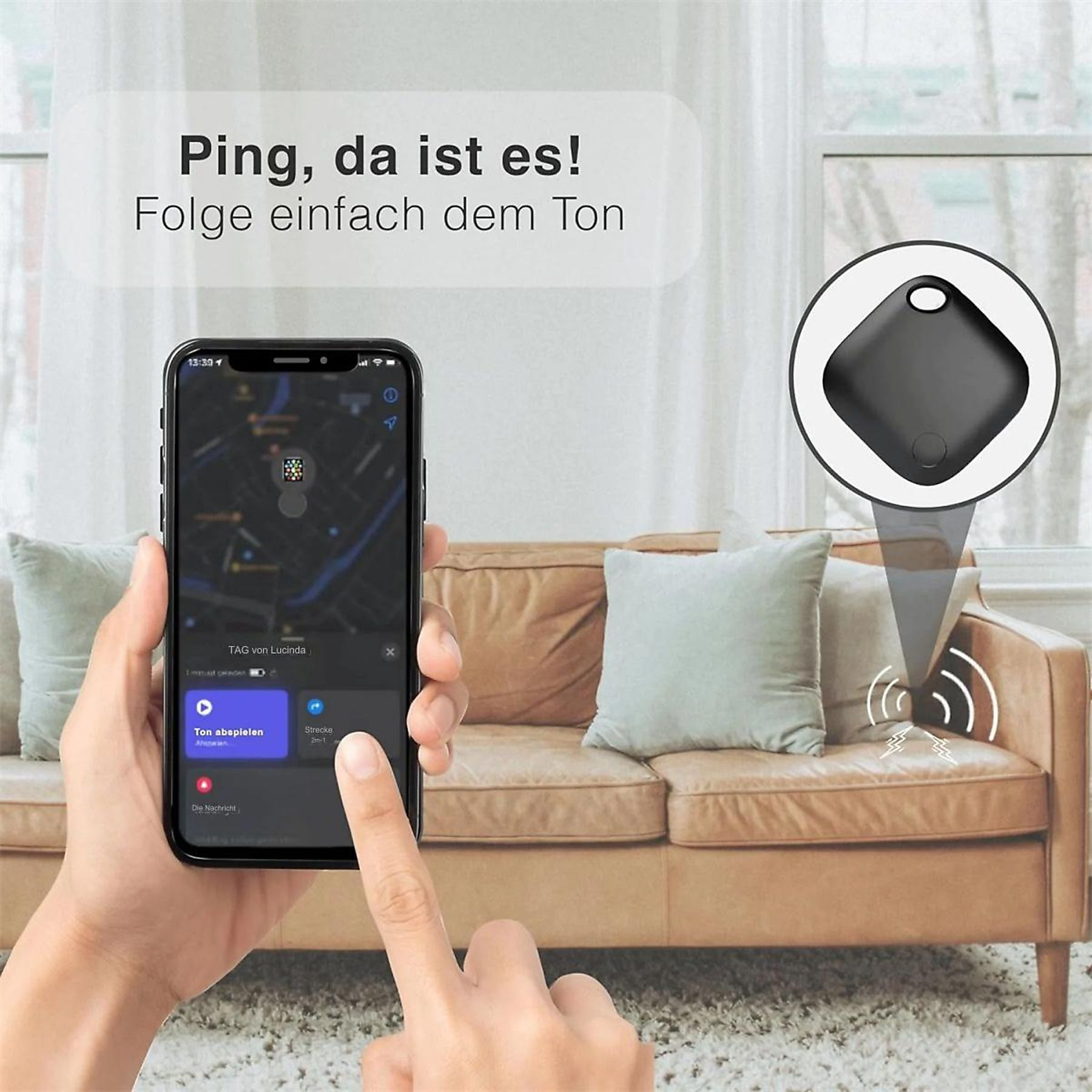 Smartphone zeigt einen Tag auf einer Karte an, um ein Objekt zu finden.