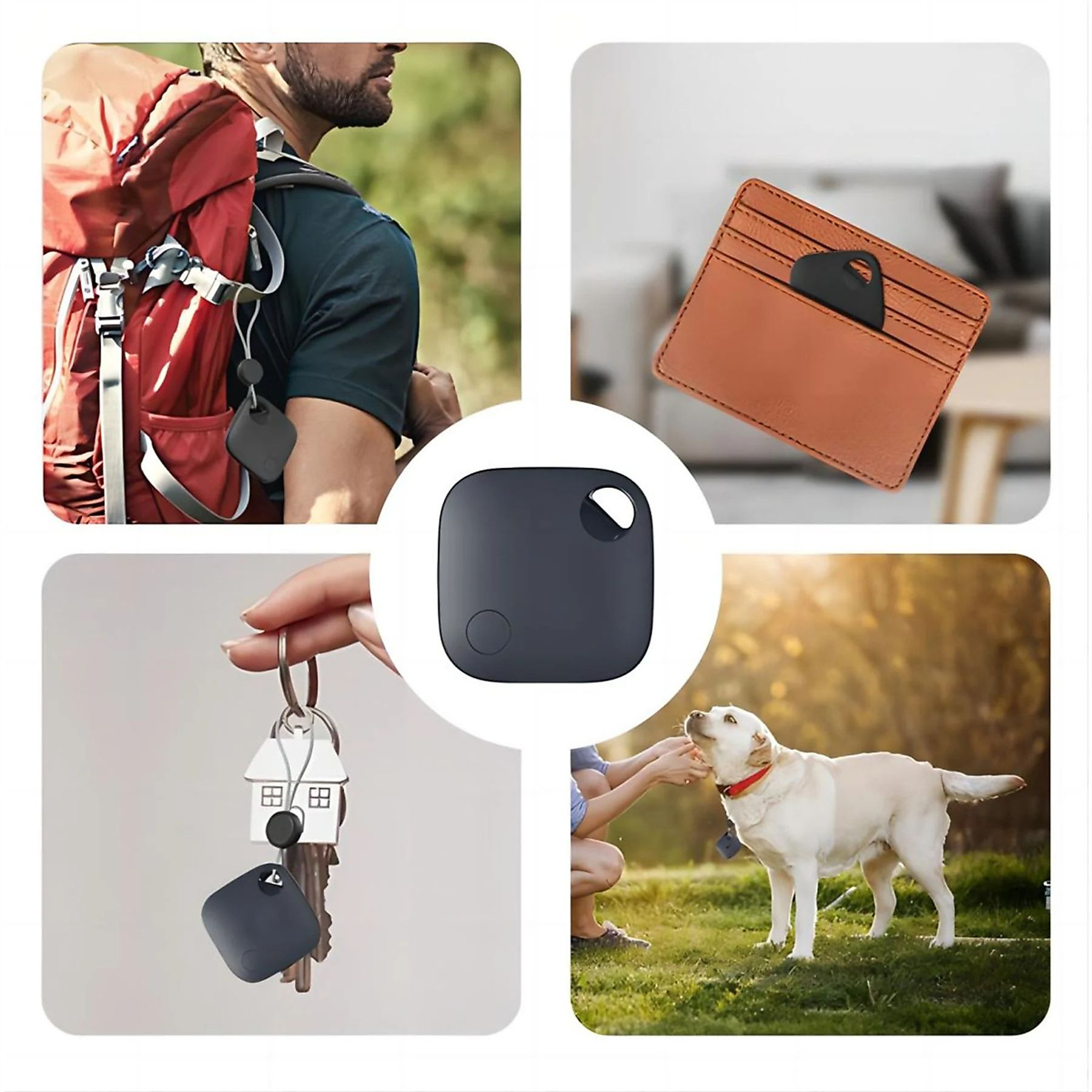 Ein dunkler Tracker an Schlüsseln, Geldbörse, Rucksack und Hund.