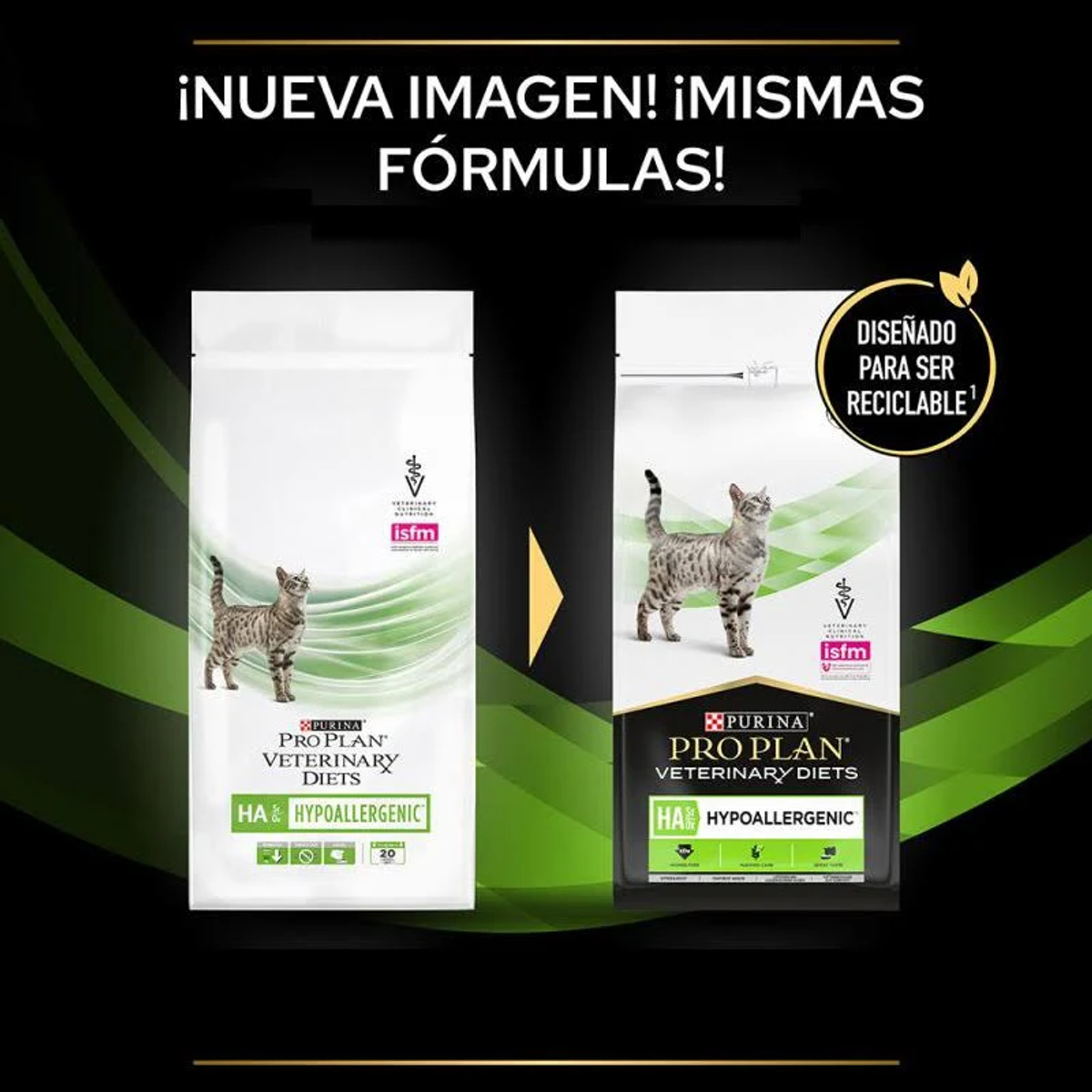Dos bolsas de comida para gatos con imágenes de gatos. Una es blanca, la otra negra.