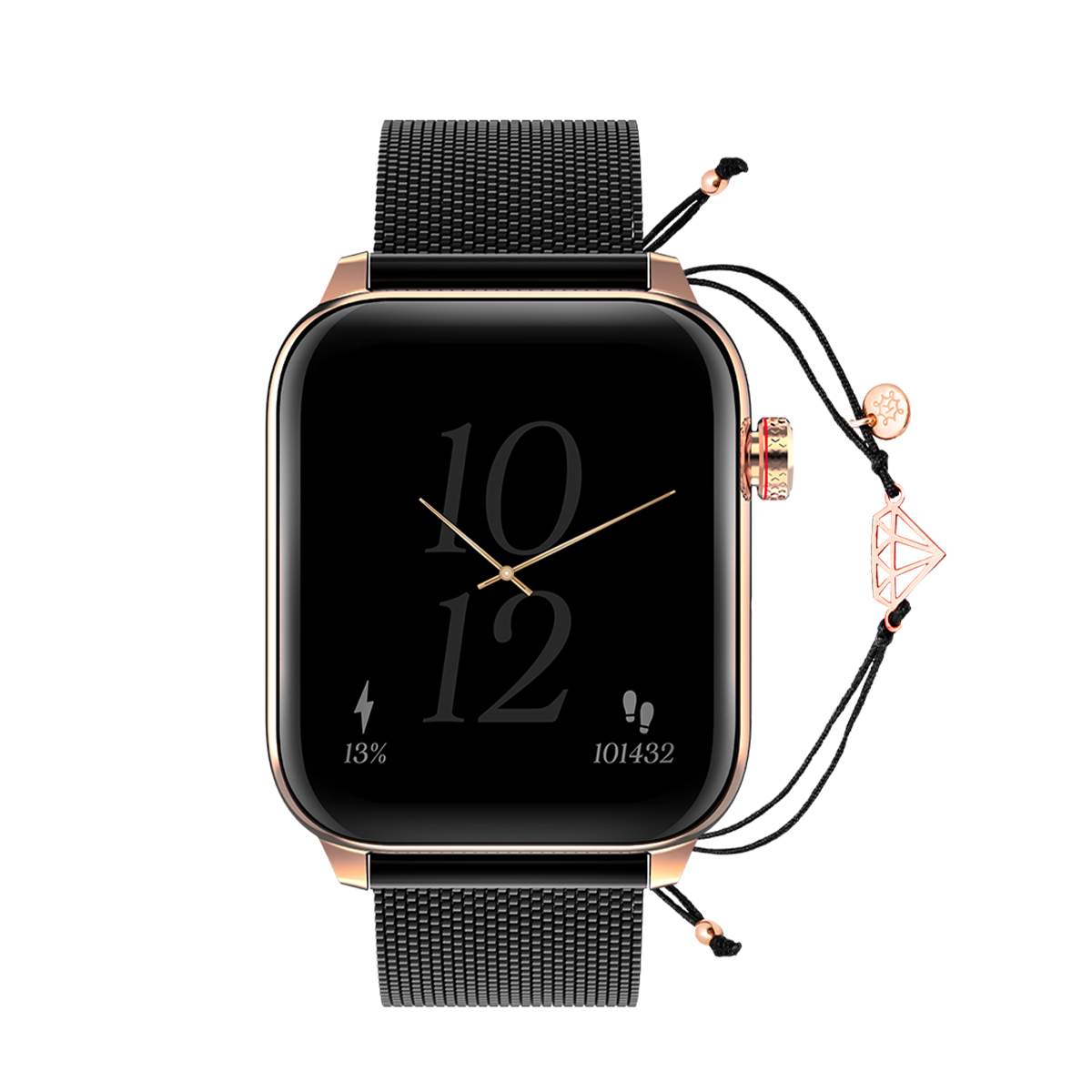 Un reloj inteligente dorado con correa de malla negra y un charm de diamante.