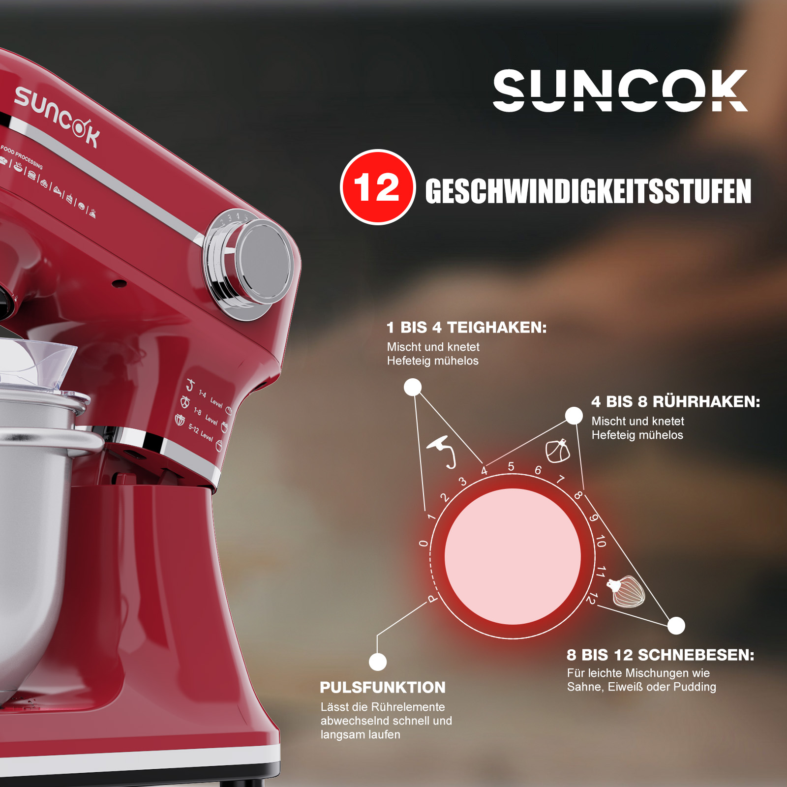 Rote Küchenmaschine mit 12 Geschwindigkeitsstufen und Zubehör.
