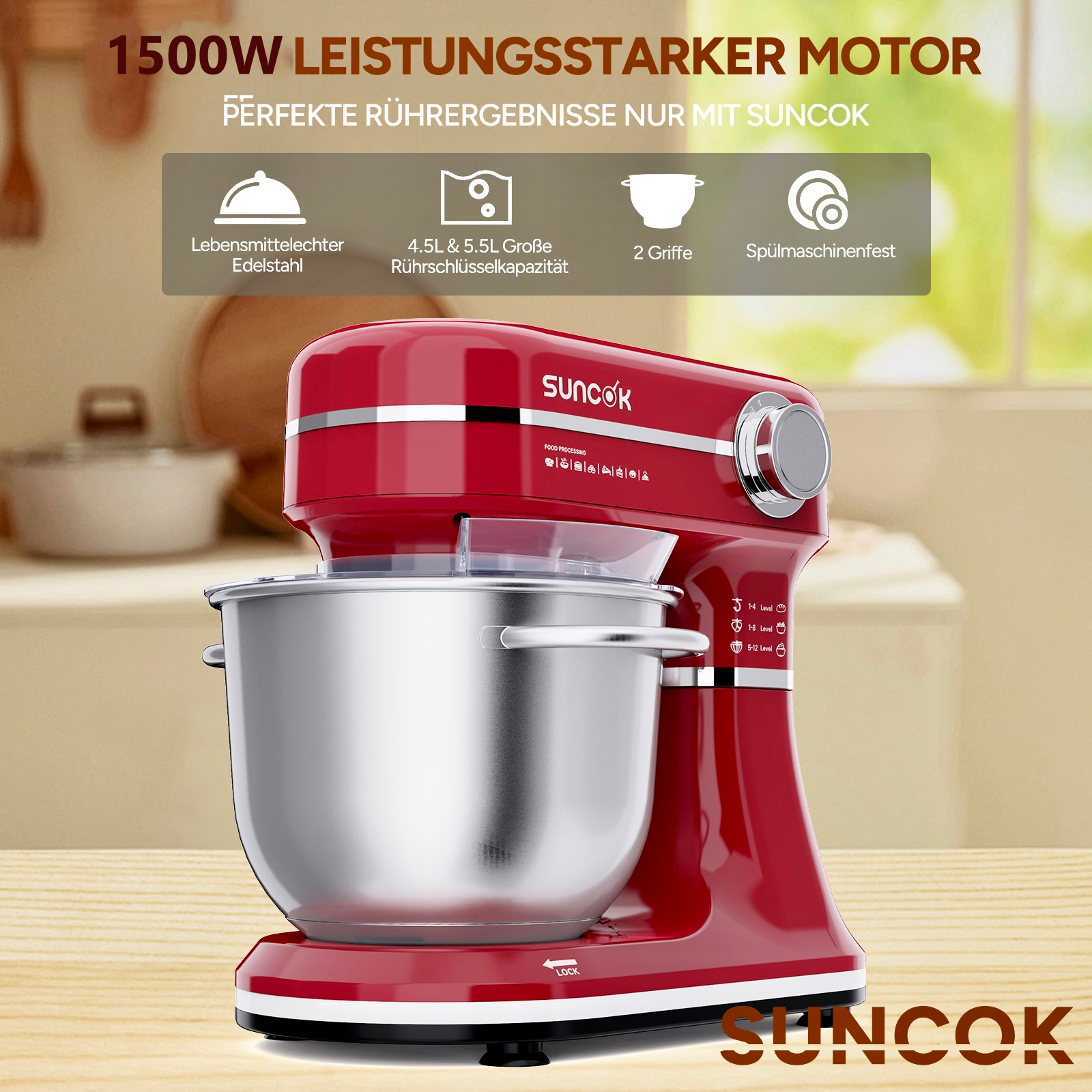 Roter Küchenmixer mit Edelstahlschüssel und Bedienelementen.