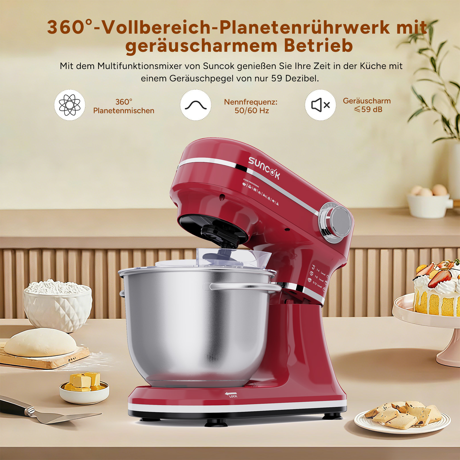 Roter Küchenmixer mit Edelstahlschüssel, Teig, Butter, Kuchen und Keksen.