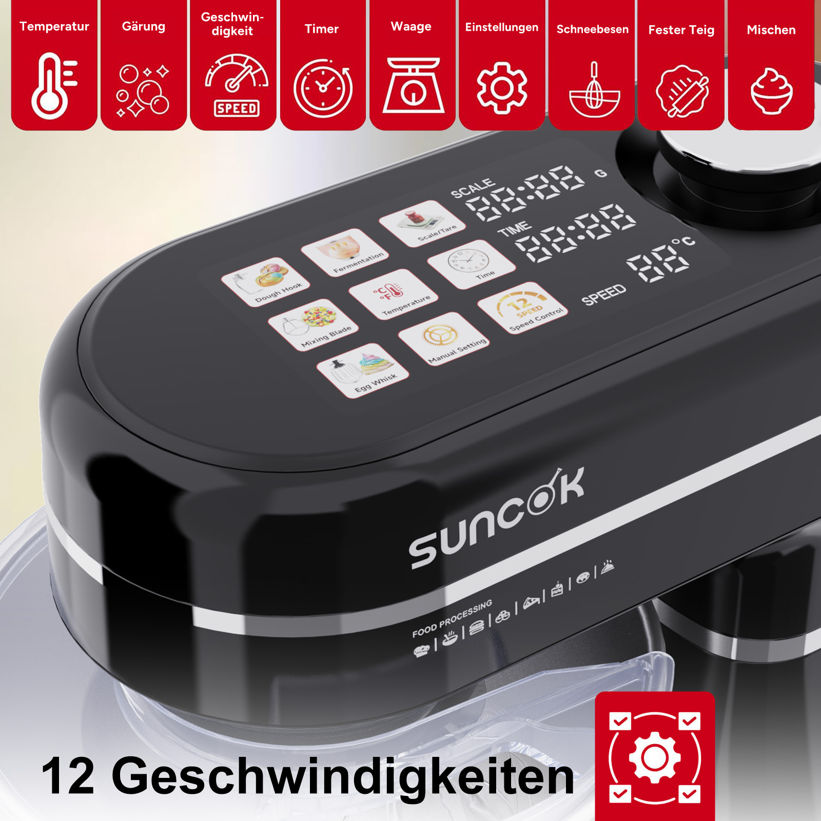 Eine schwarze Küchenmaschine mit Touchscreen-Bedienfeld zeigt verschiedene Funktionen an.