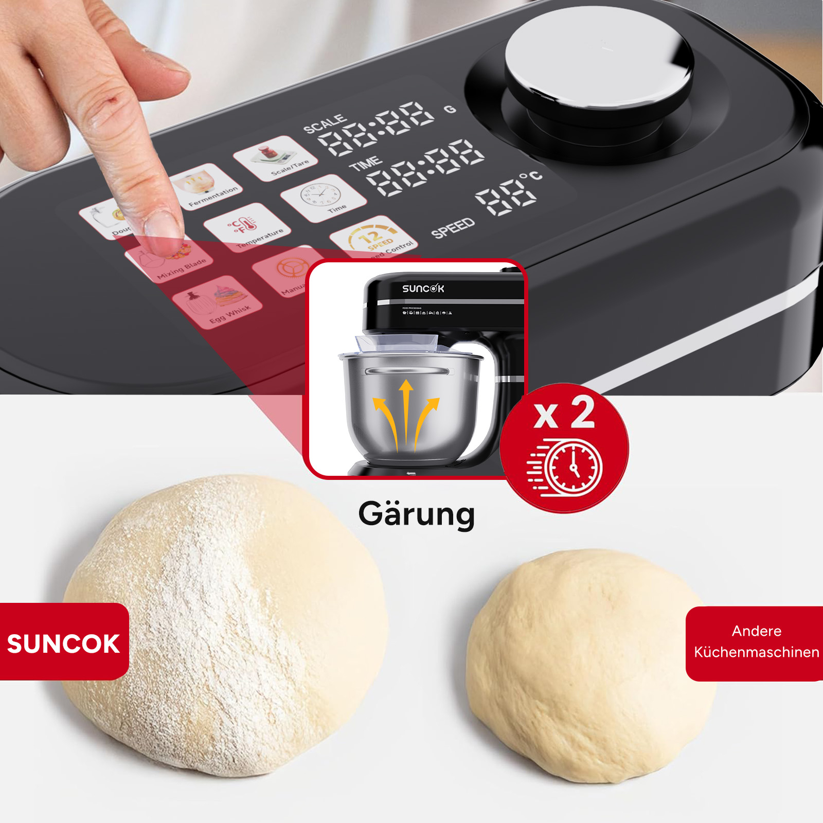 Ein Küchenmixer mit digitaler Anzeige und zwei Teigkugeln daneben.