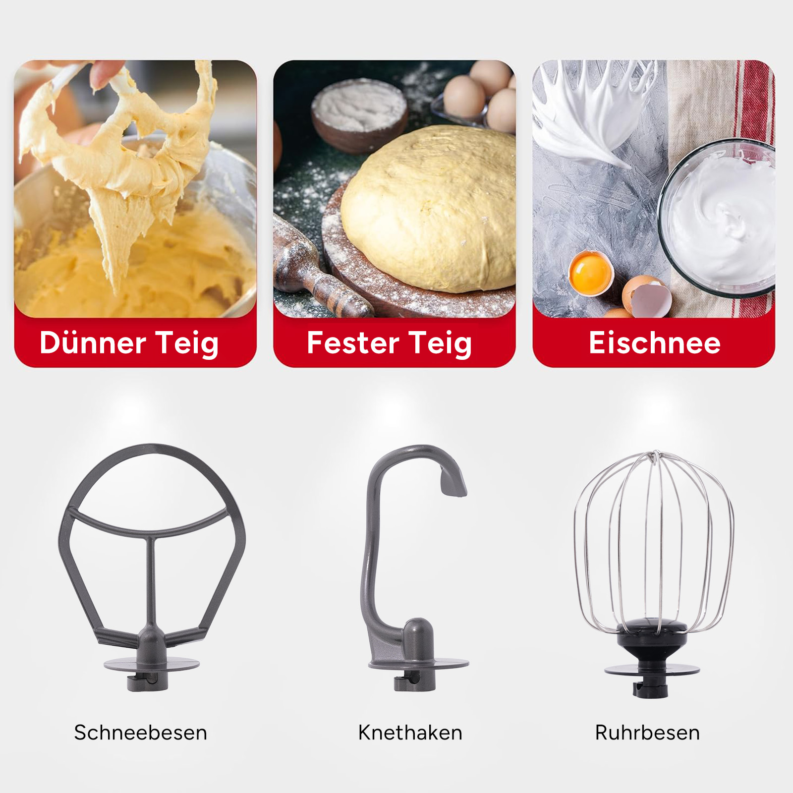 Drei Küchenmaschinenaufsätze und drei Teigarten mit Beschriftungen.