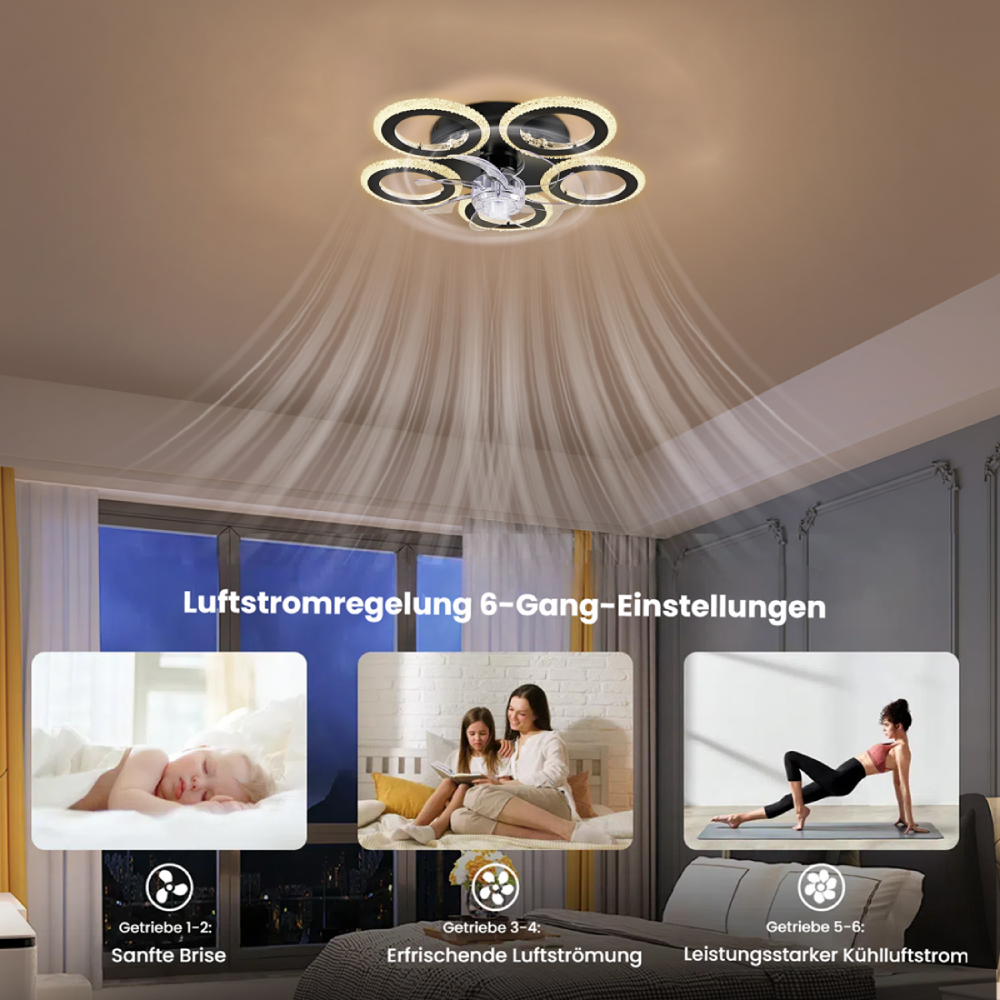 Deckenventilator mit Licht und drei Szenen: Baby schläft, Mutter liest vor, Frau trainiert.