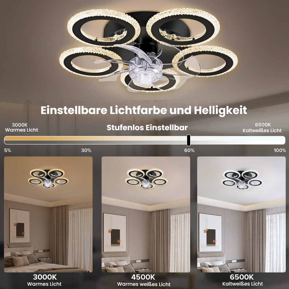 Deckenleuchte mit 5 Ringen und Lüfter, einstellbare Lichtfarbe und Helligkeit.