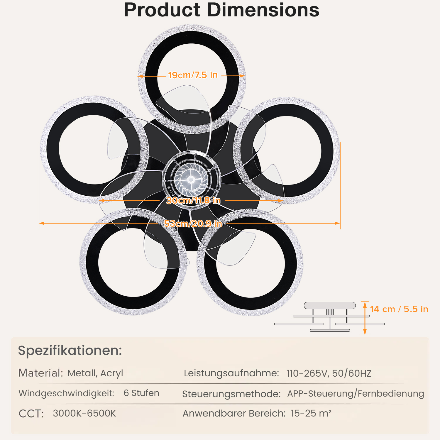 Produktmaße einer Deckenleuchte mit fünf Ringen, Maße 19, 30 und 53 cm.