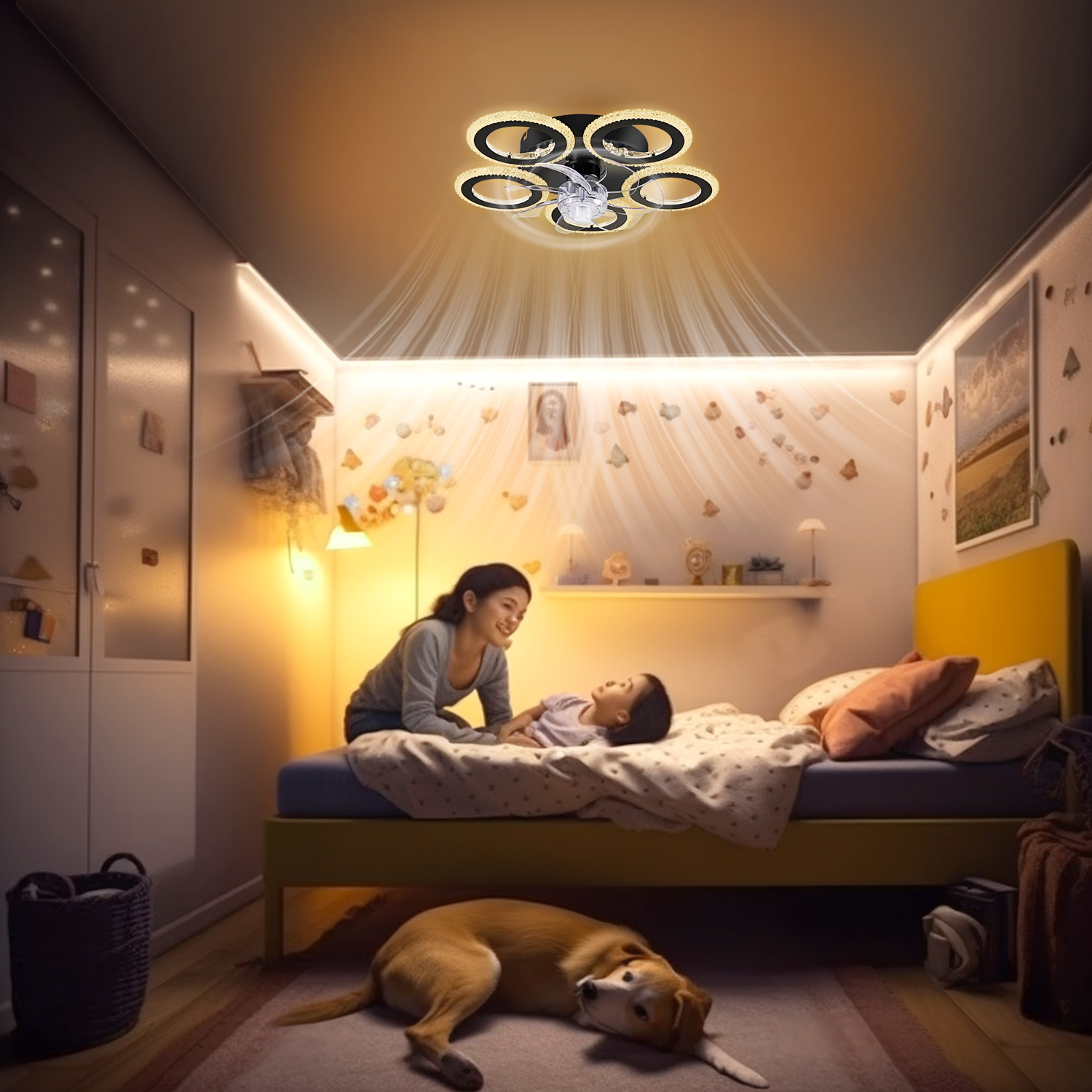 Eine Frau und ein Kind liegen im Bett, ein Hund liegt auf dem Boden.