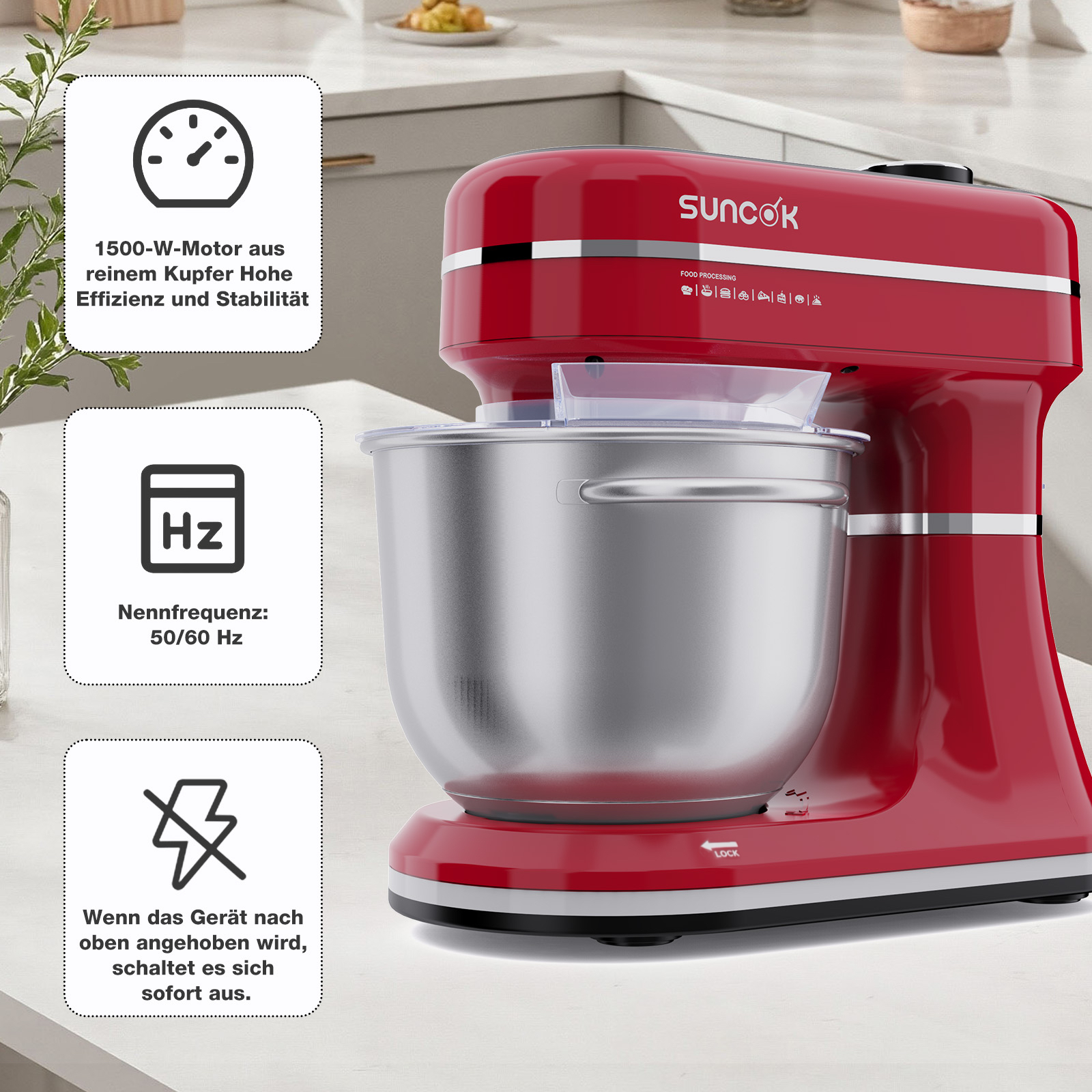 Ein roter Standmixer mit Edelstahlschüssel und drei Infokarten.