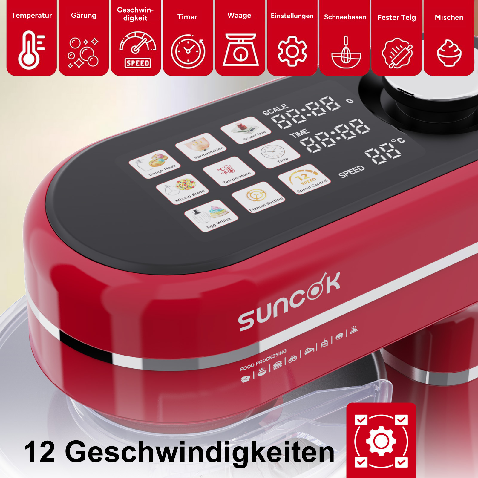 Rote Küchenmaschine mit Touchscreen-Bedienfeld und Symbolen für verschiedene Funktionen.