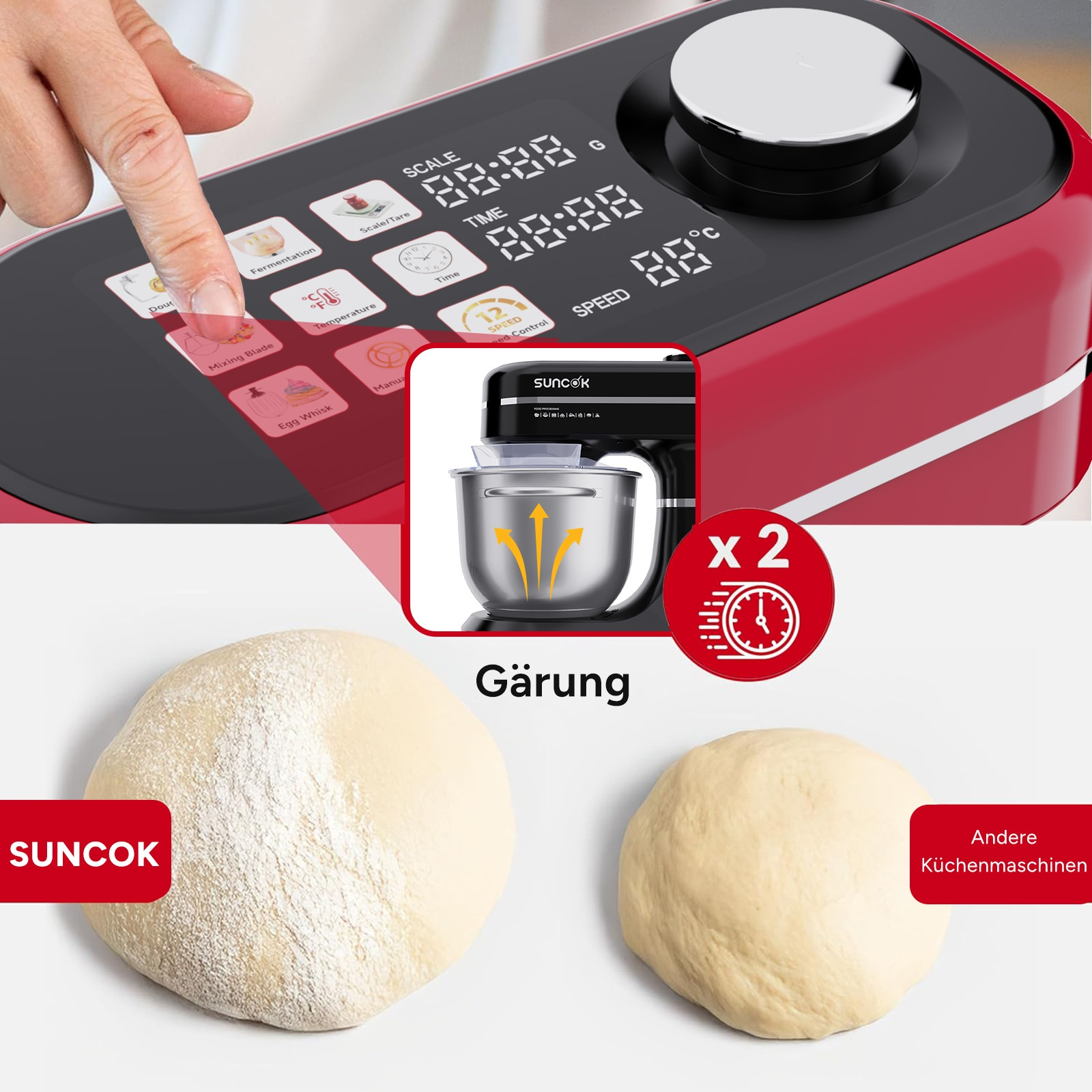 Eine rote Küchenmaschine mit Touchscreen und zwei Teigbällchen daneben.