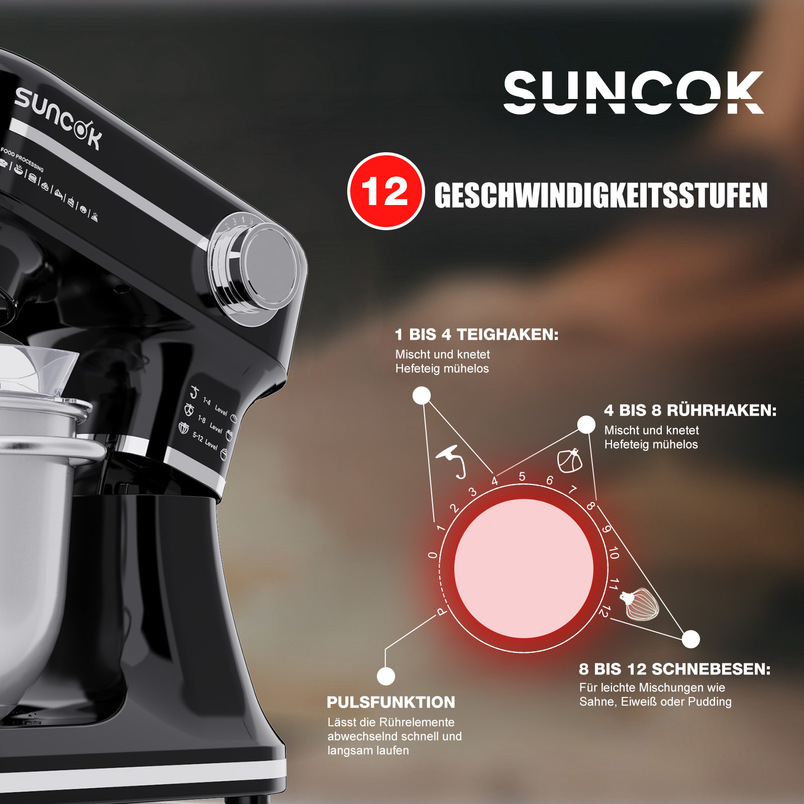 Schwarzer Küchenmixer mit 12 Geschwindigkeitsstufen und Symbolen für verschiedene Aufsätze.