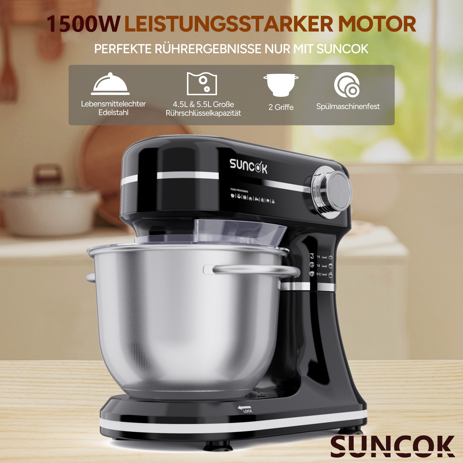 Ein schwarzer Suncok Küchenmixer mit Edelstahlschüssel steht auf einem Holztisch.