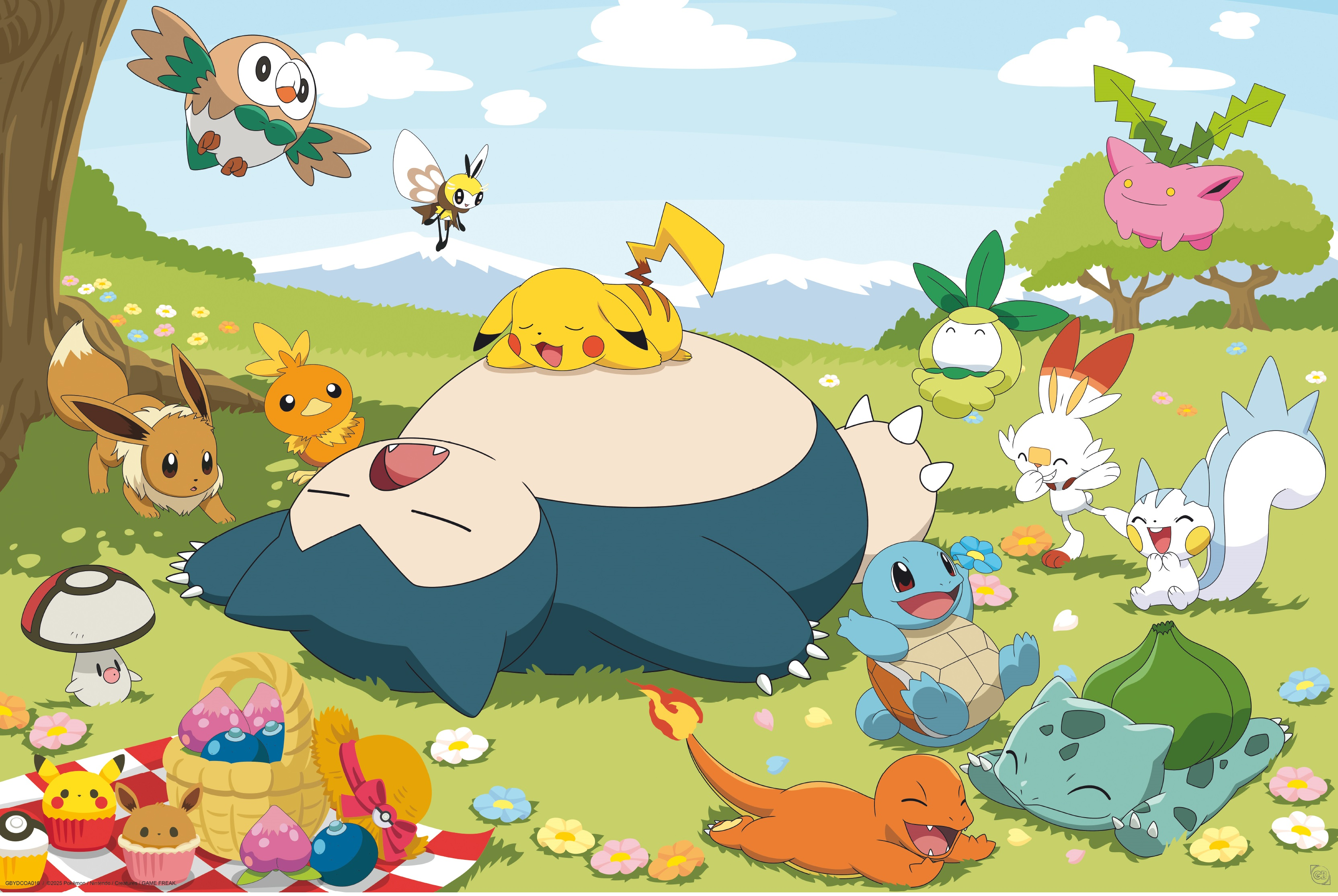 Pokemons auf einer Wiese bei einem Picknick: Snorlax, Pikachu, Eevee, Charmander, Squirtle, Bulbasaur.