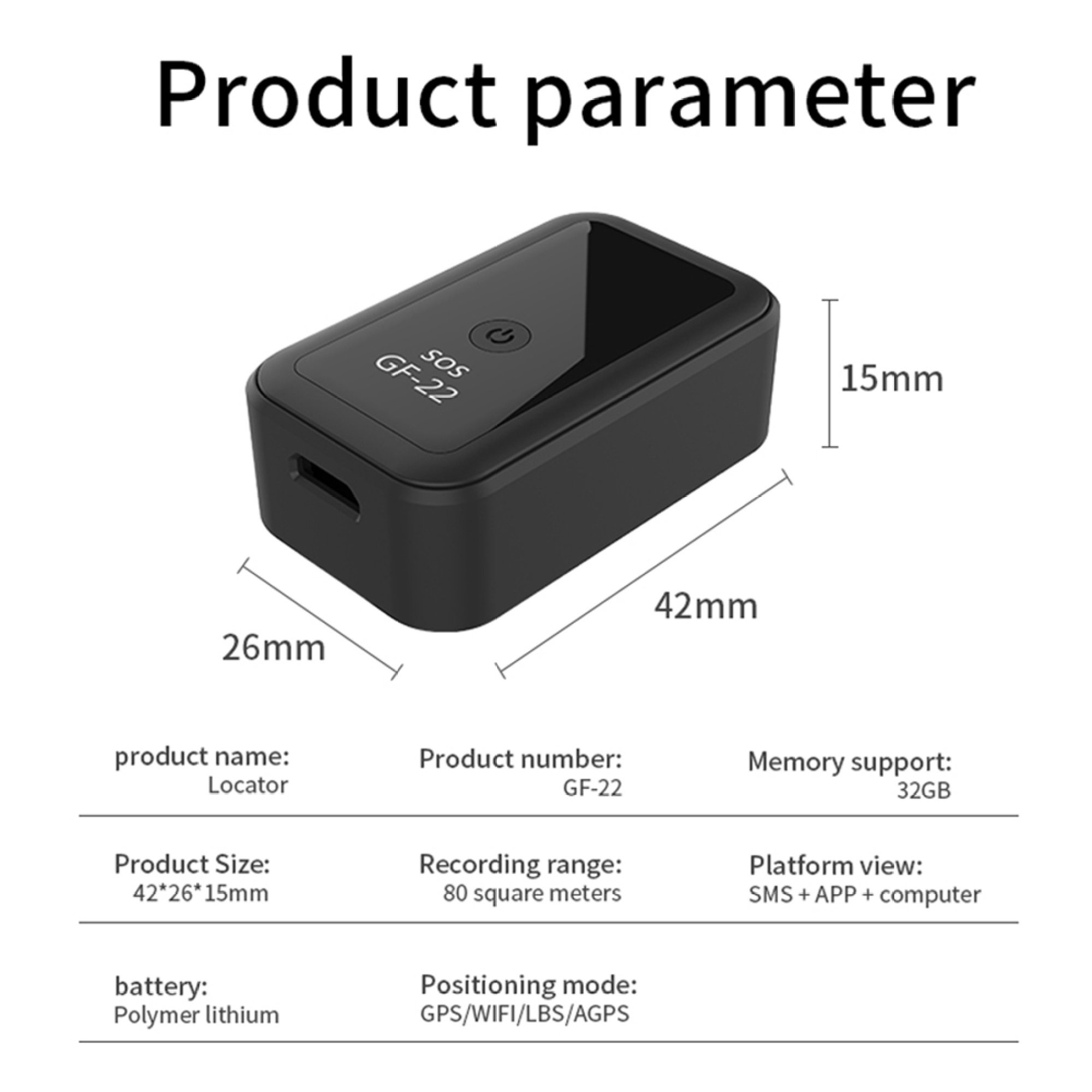 Schwarzer GPS-Tracker GF-22 mit Maßen 42x26x15mm. SOS-Taste, 32GB Speicher.