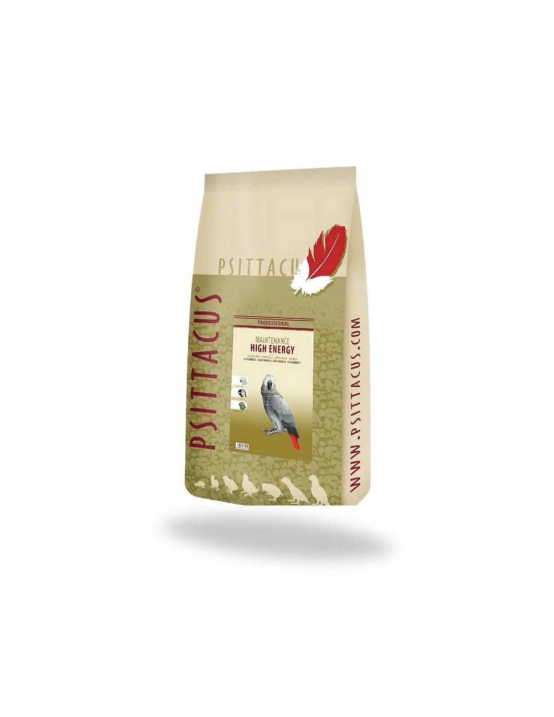 Una bolsa de comida para loros con un loro gris y gráficos de plumas.