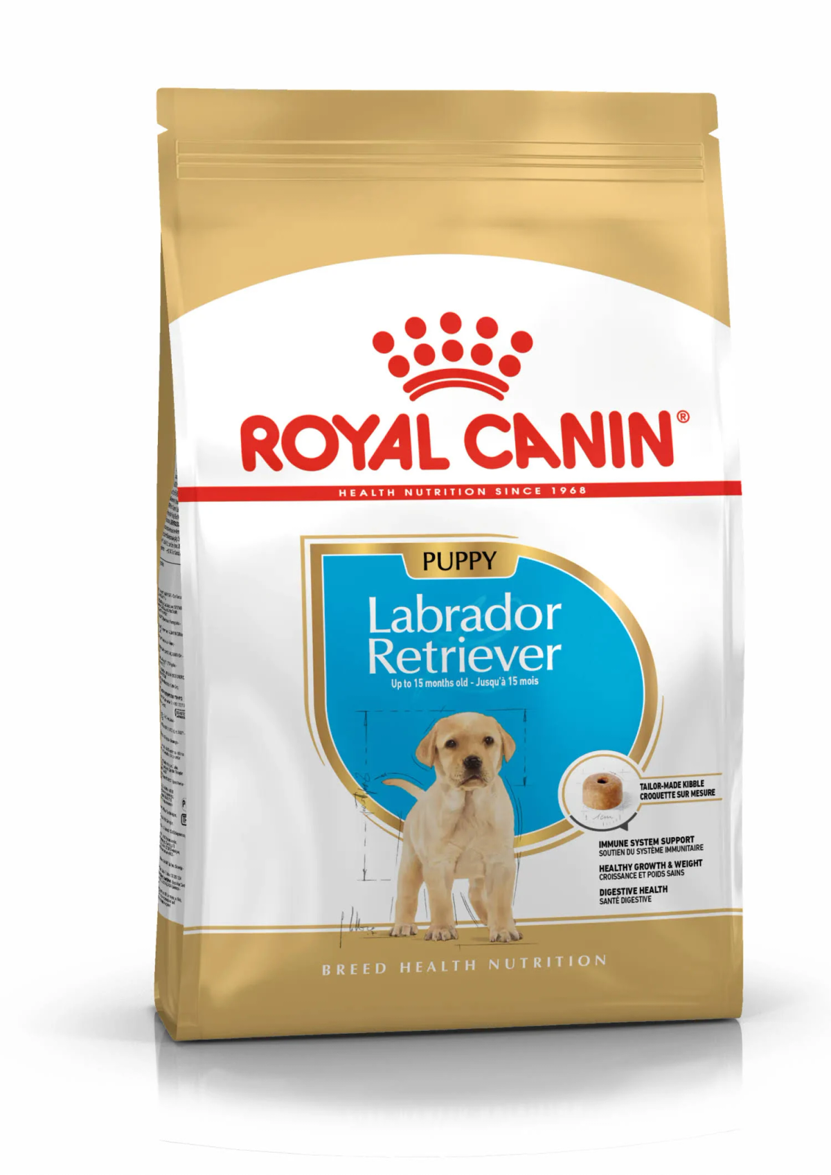 Bolsa dorada Royal Canin para cachorros con imagen de cachorro de Labrador.