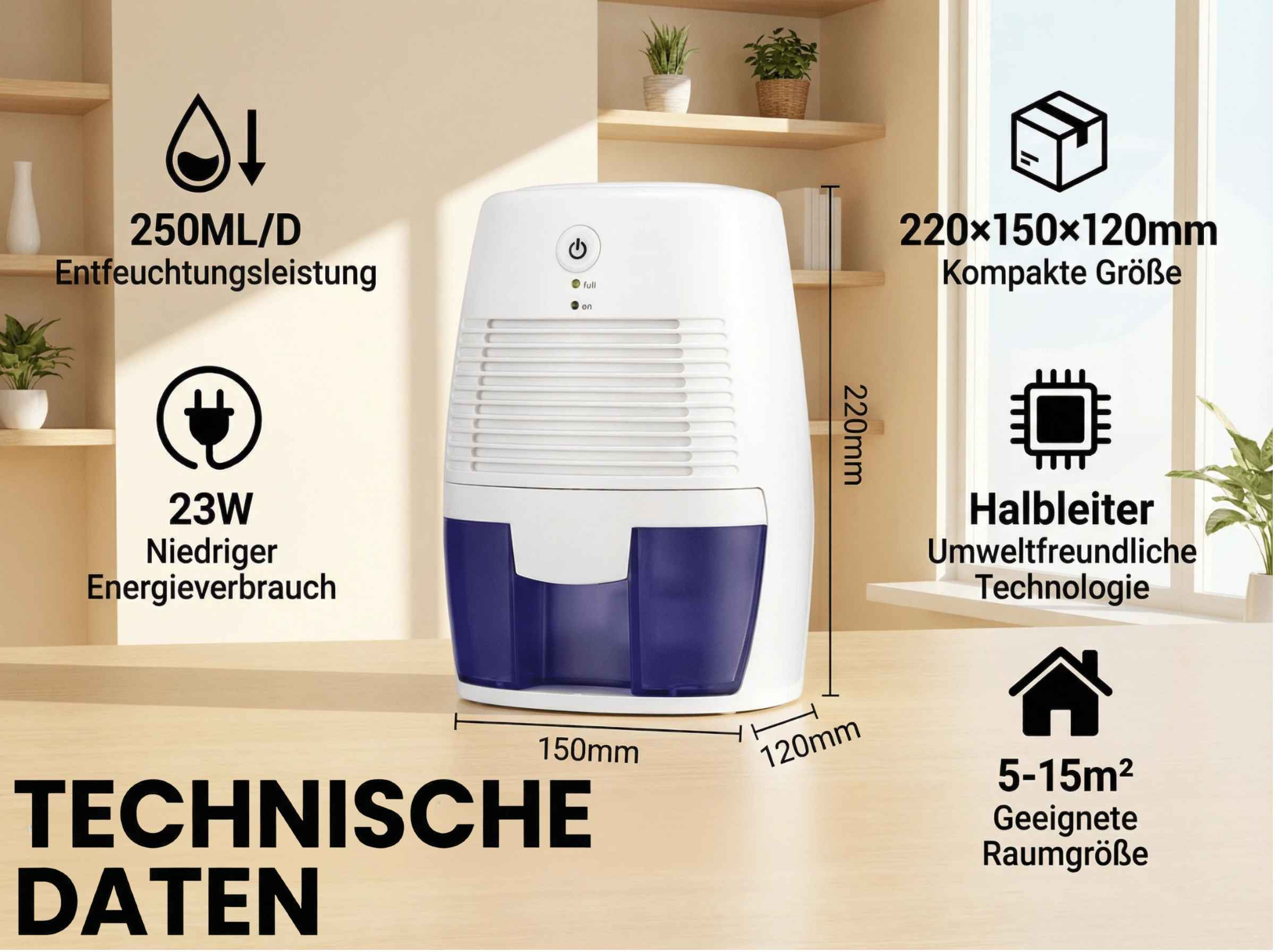 Ein weißer Luftentfeuchter mit blauer Wassertank, Maße und Spezifikationen.