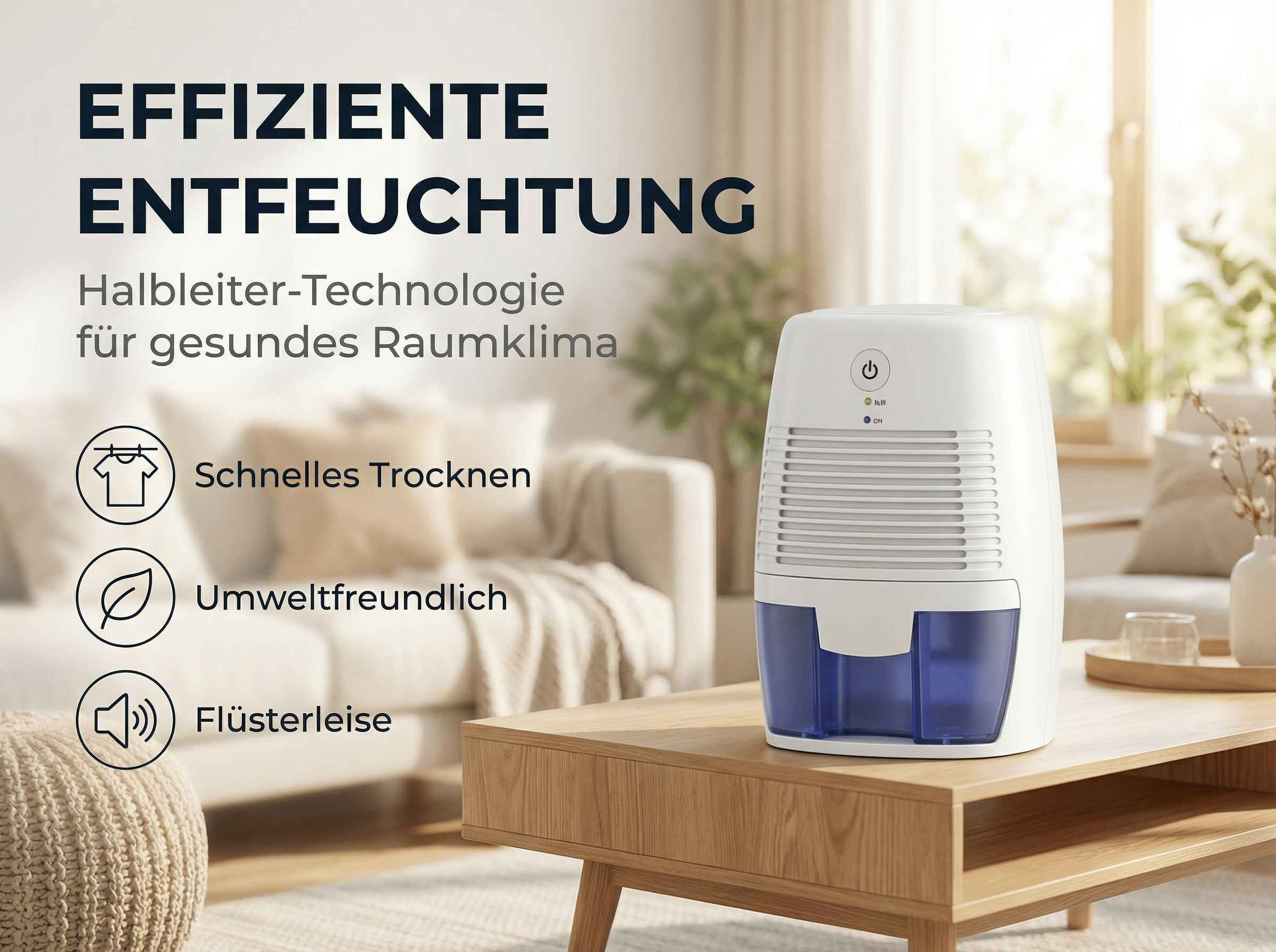 Ein weißer Luftentfeuchter mit blauem Wassertank steht auf einem Holztisch.