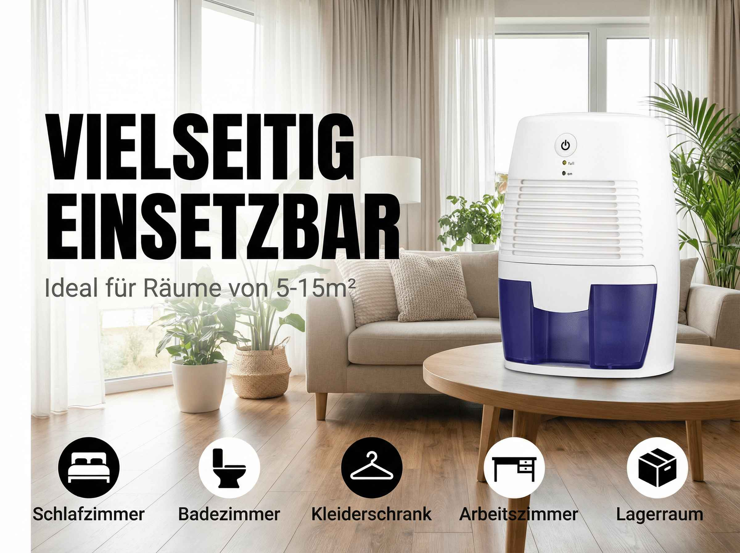 Ein weißer Luftentfeuchter mit blauem Tank steht auf einem Holztisch.