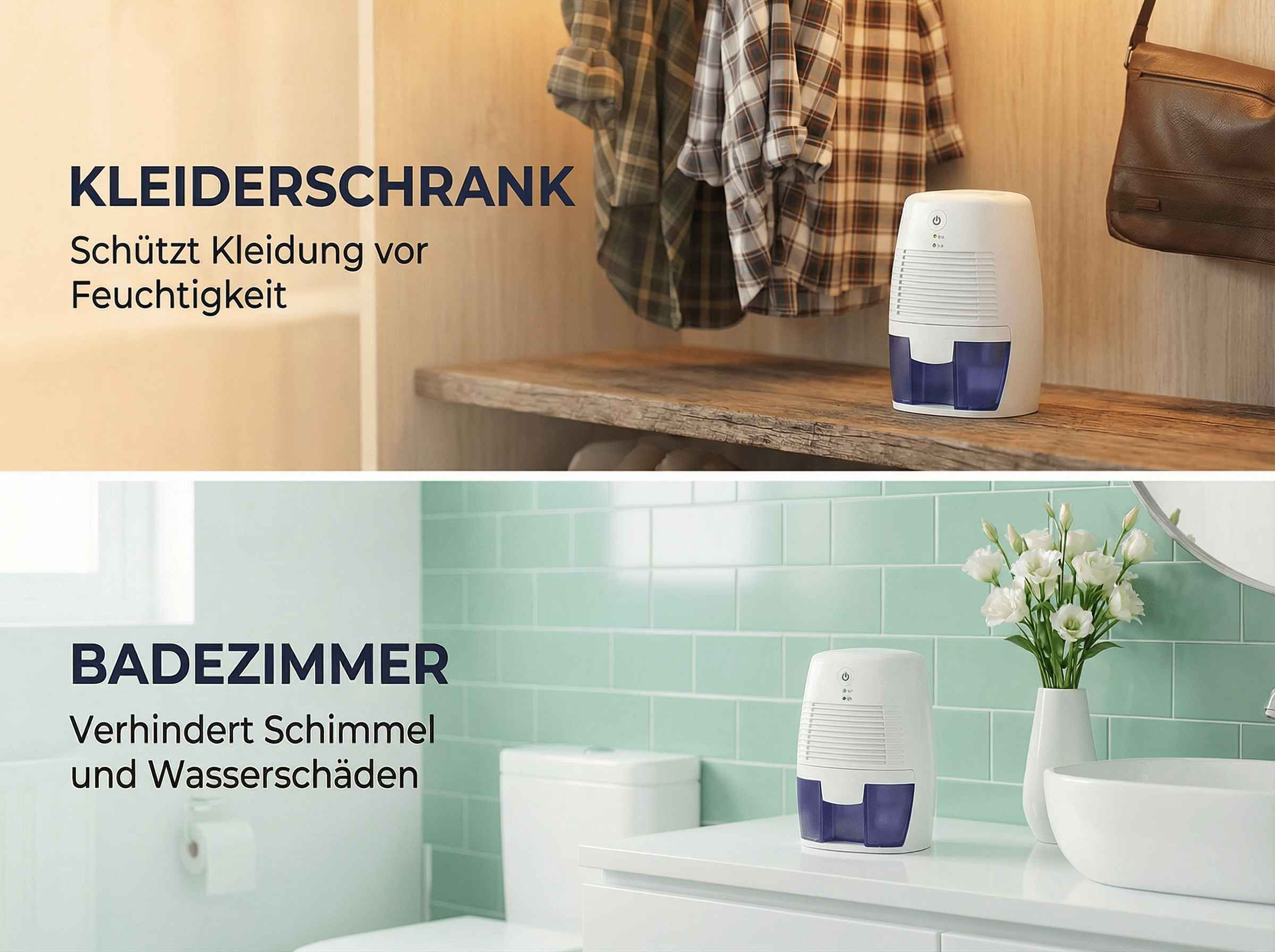 Luftentfeuchter im Kleiderschrank und Badezimmer mit Kleidung und Blumen.