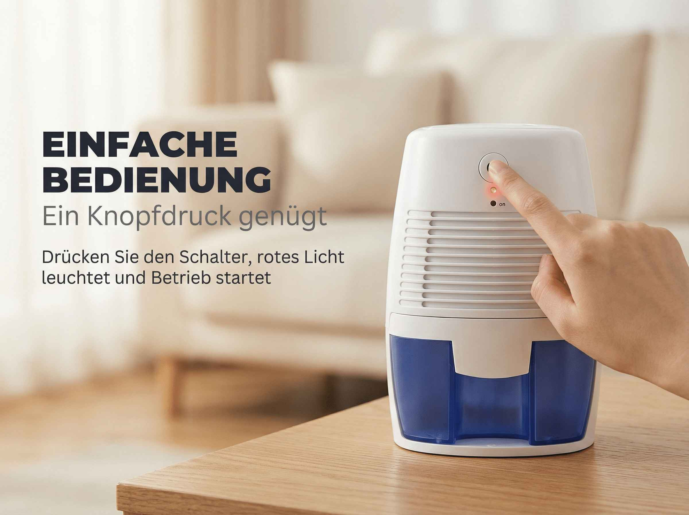 Ein Finger drückt den Knopf eines weißen Luftentfeuchters mit blauem Behälter.