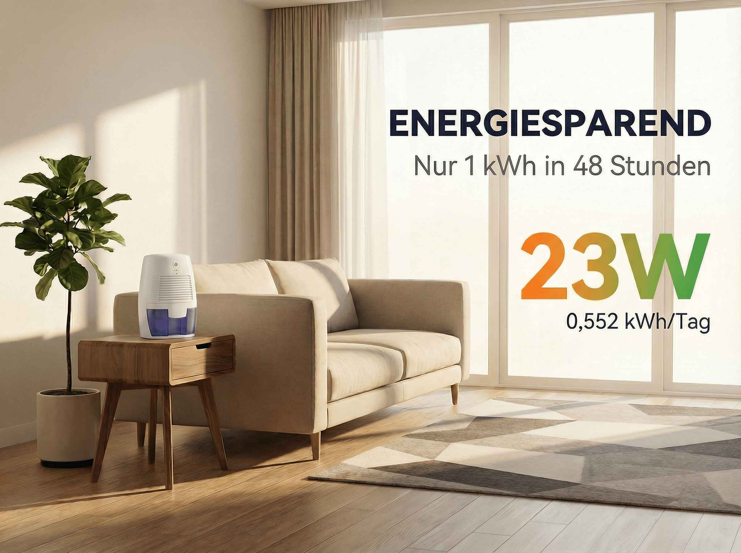 Ein weißer Luftentfeuchter steht auf einem Holztisch neben einer Couch.