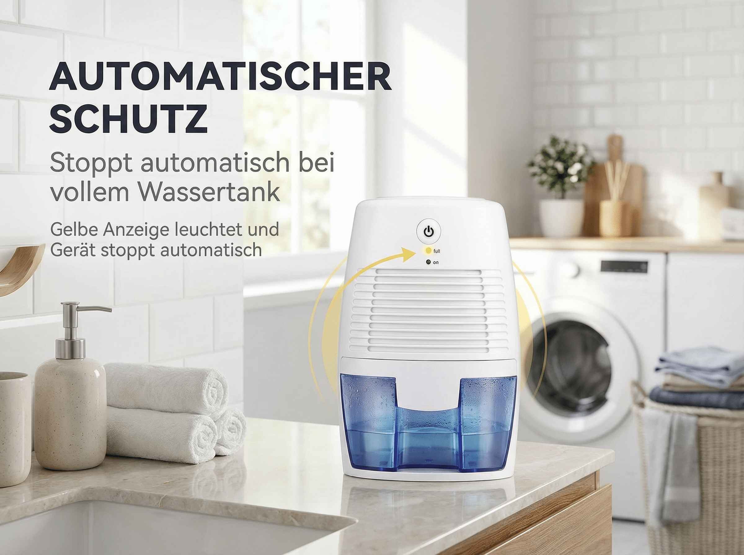Ein weißer Luftentfeuchter steht auf einer Arbeitsplatte neben Handtüchern.