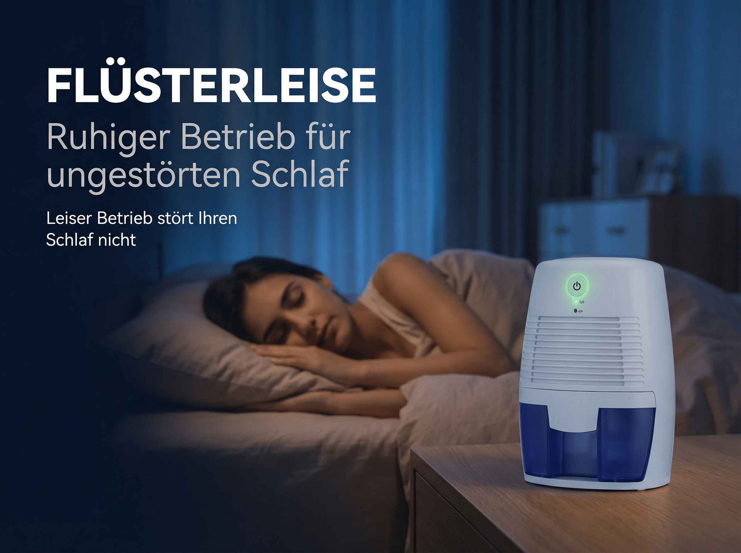 Ein kleiner weißer Luftentfeuchter steht auf einem Nachttisch neben einer schlafenden Frau.