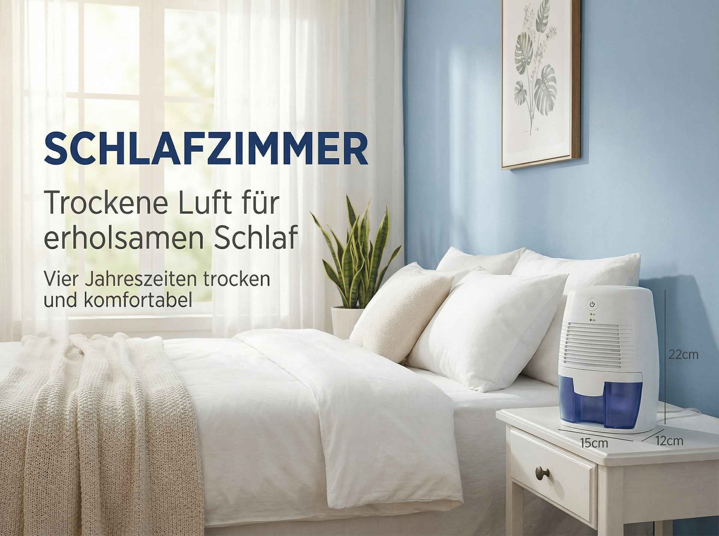 Ein Schlafzimmer mit einem Deckenventilator, weißer Bettwäsche und einem Luftentfeuchter.