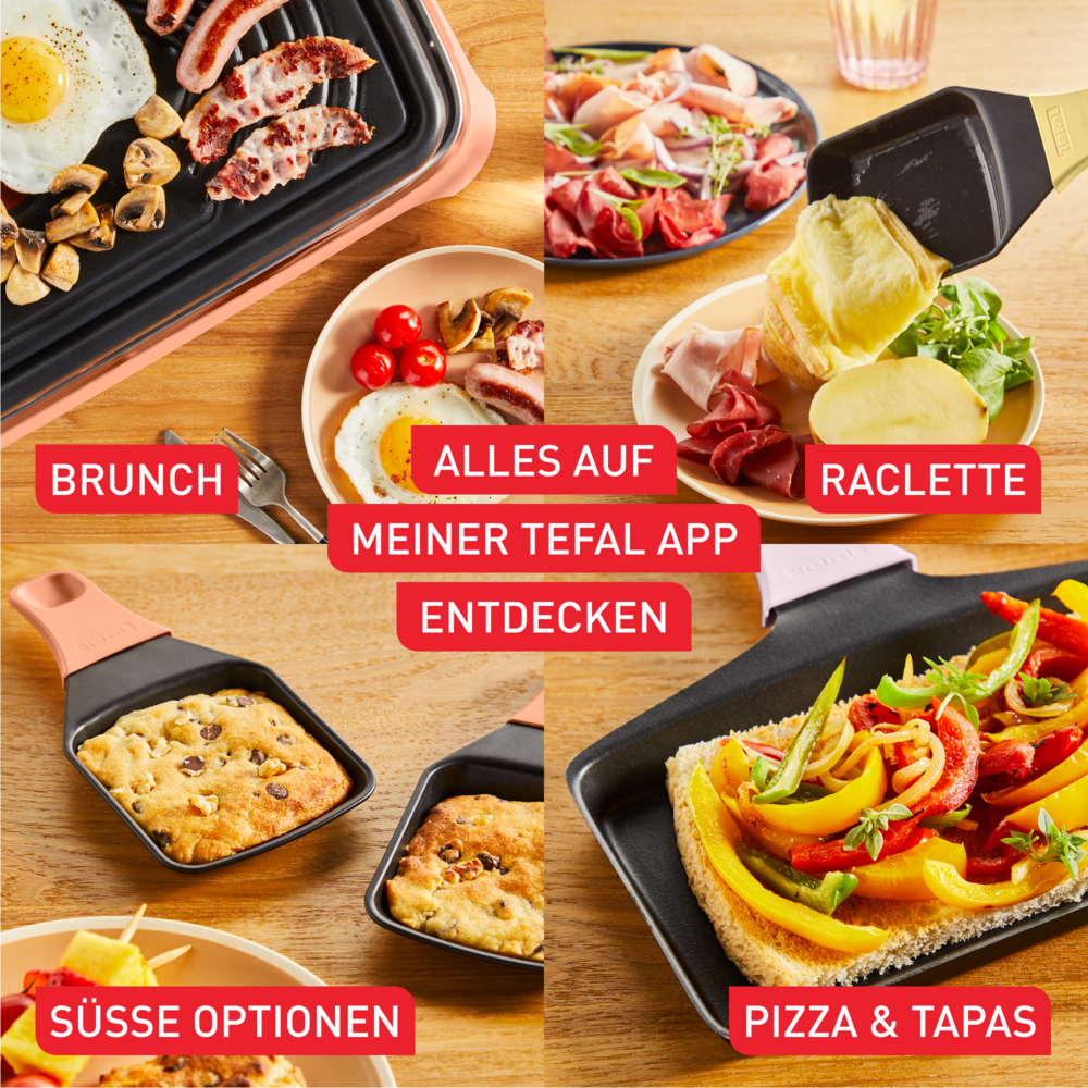 Collage zeigt Brunch, Raclette, süße Optionen und Pizza/Tapas.