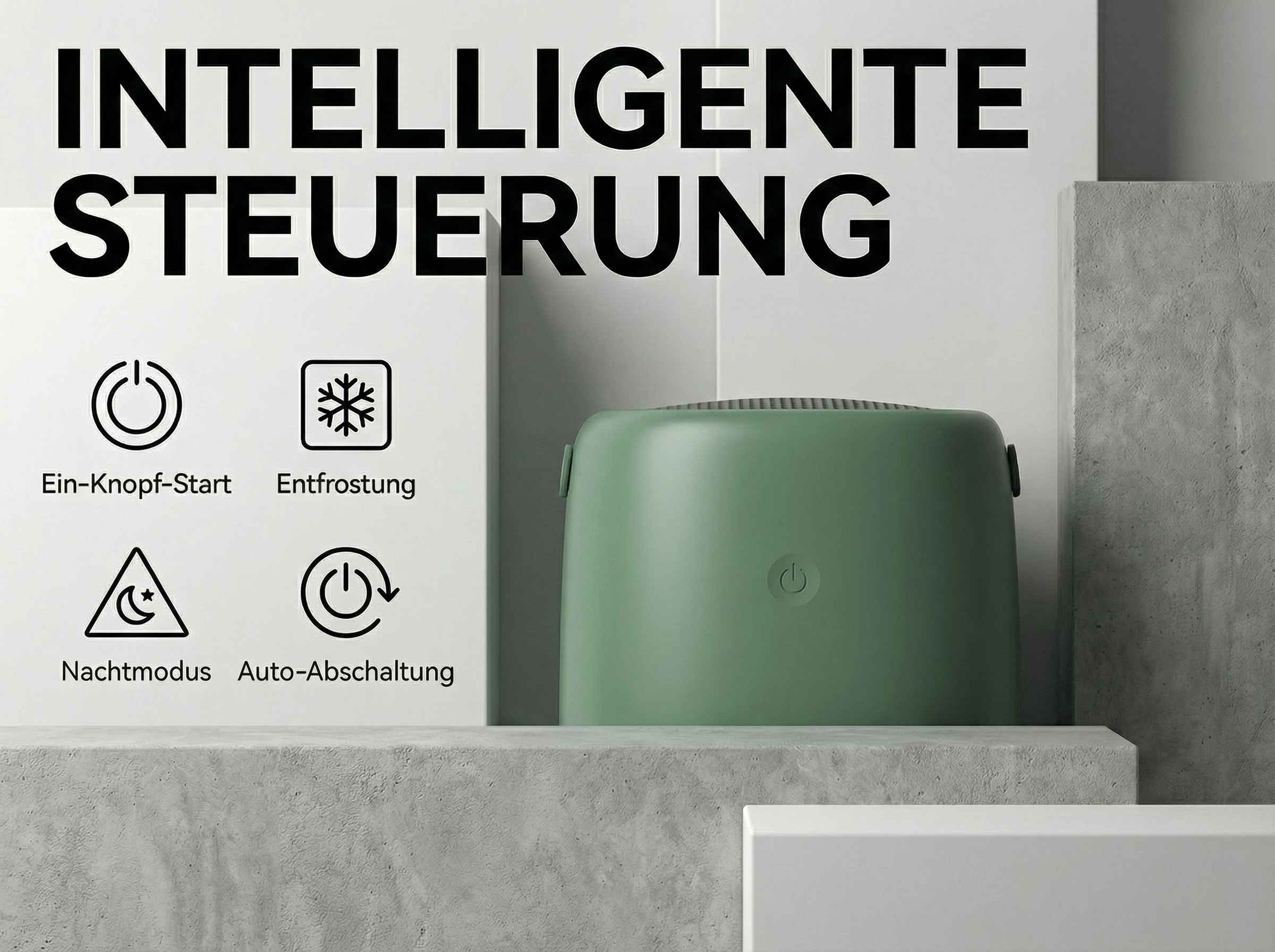 Grünes Gerät mit Symbolen für Ein-Knopf-Start, Entfrostung, Nachtmodus, Auto-Abschaltung.