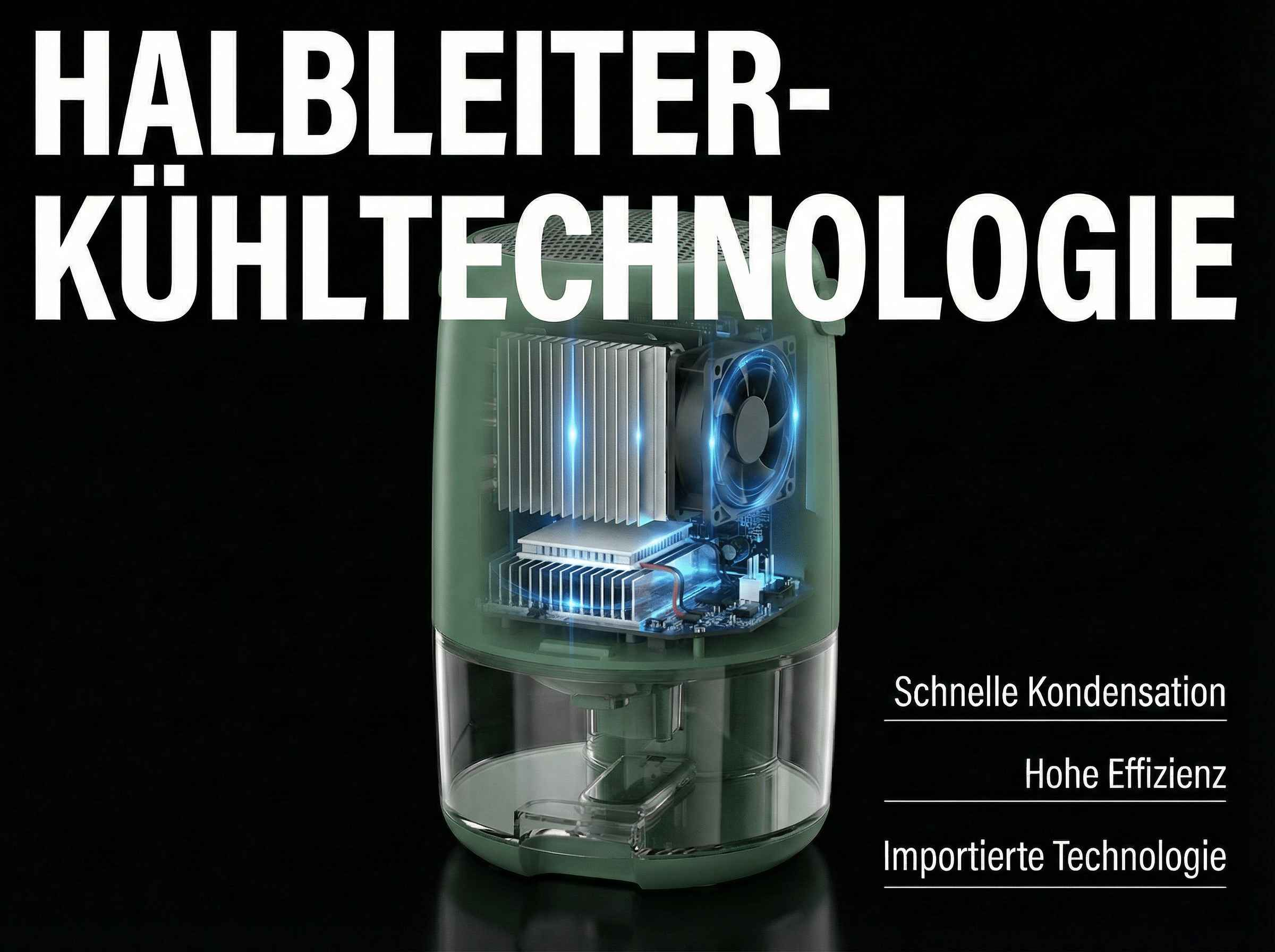 Ein grünes Gerät mit Lüfter und Kühlrippen, Text: Halbleiter-Kühltechnologie.
