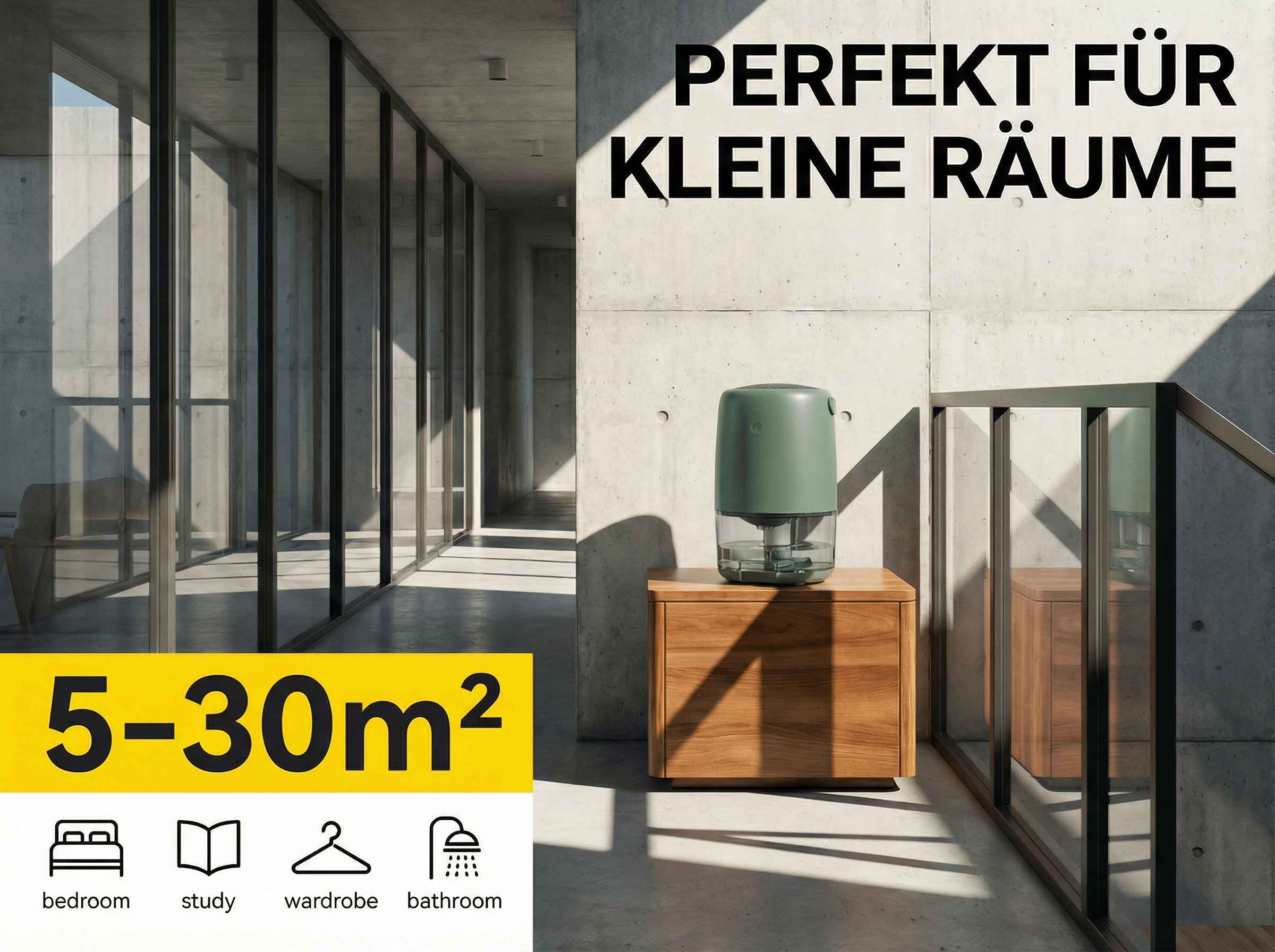 Grüner Luftreiniger auf Holztruhe vor Betonwand, Text "PERFEKT FÜR KLEINE RÄUME".