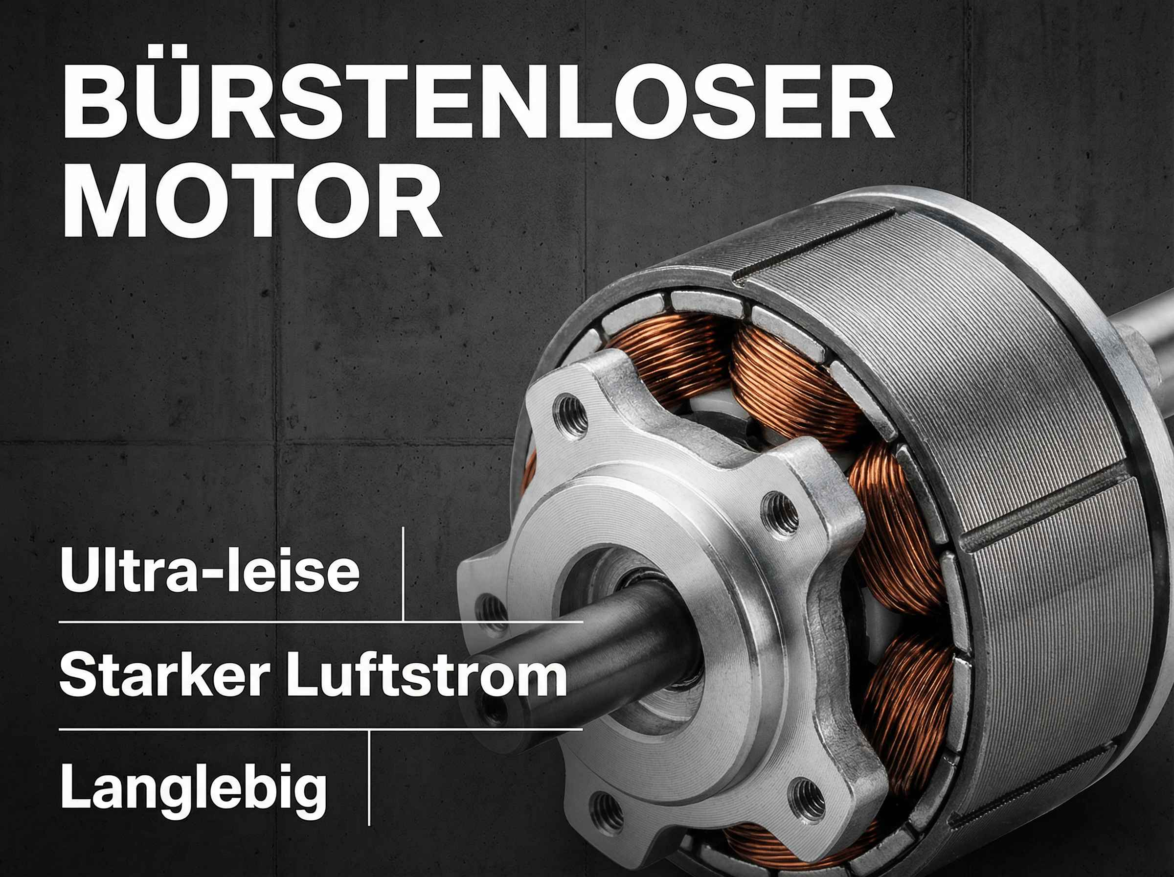 Detailaufnahme eines bürstenlosen Motors mit Kupferwicklungen und Metallgehäuse.