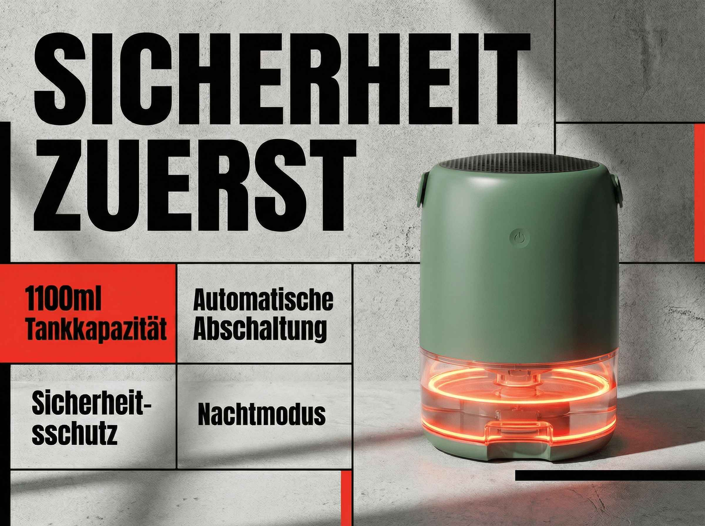 Grüner Luftentfeuchter mit roten Lichtern und deutscher Textwerbung.
