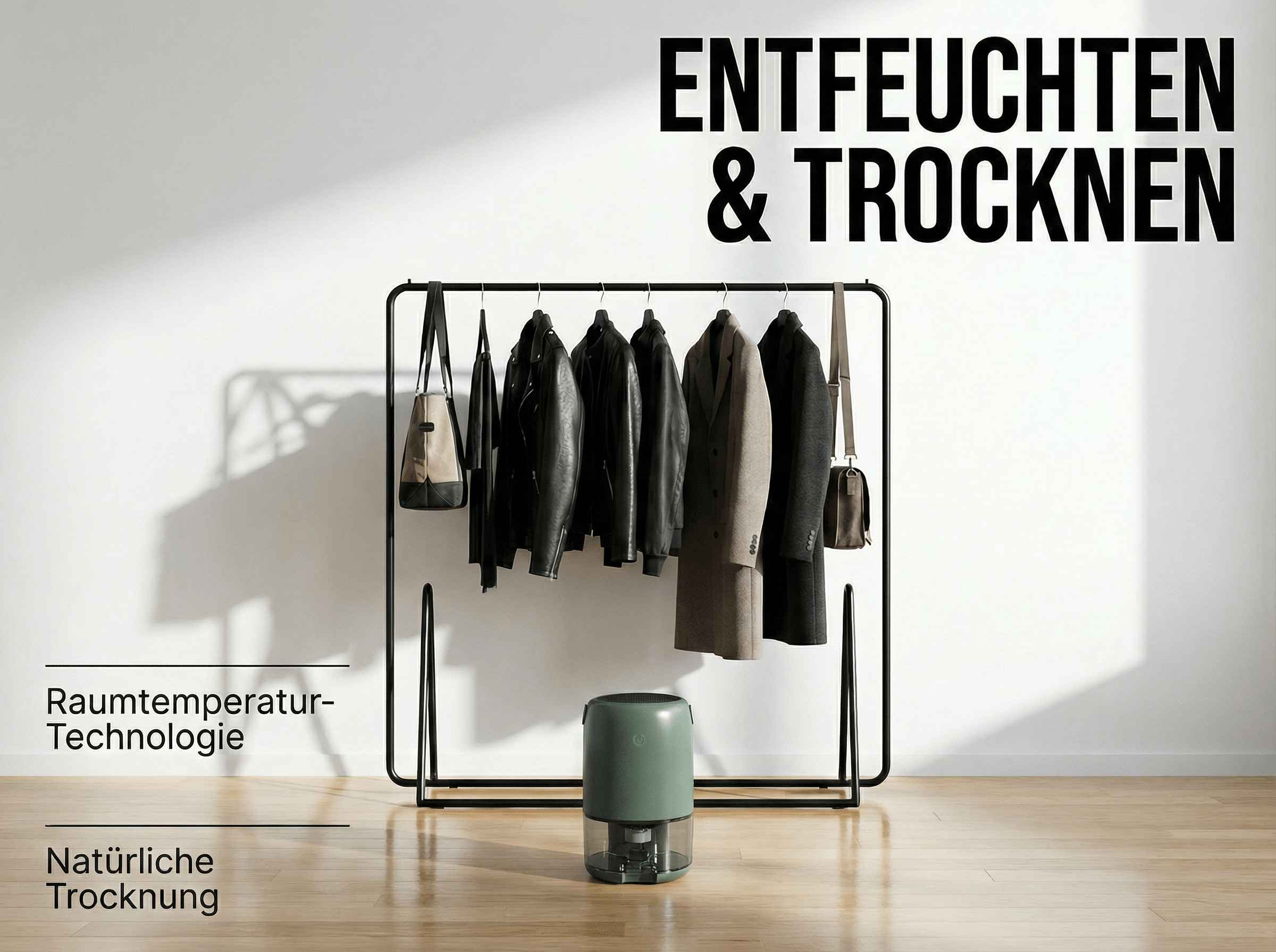 Kleiderständer mit Jacken, Mänteln, Taschen und einem grünen Luftentfeuchter.