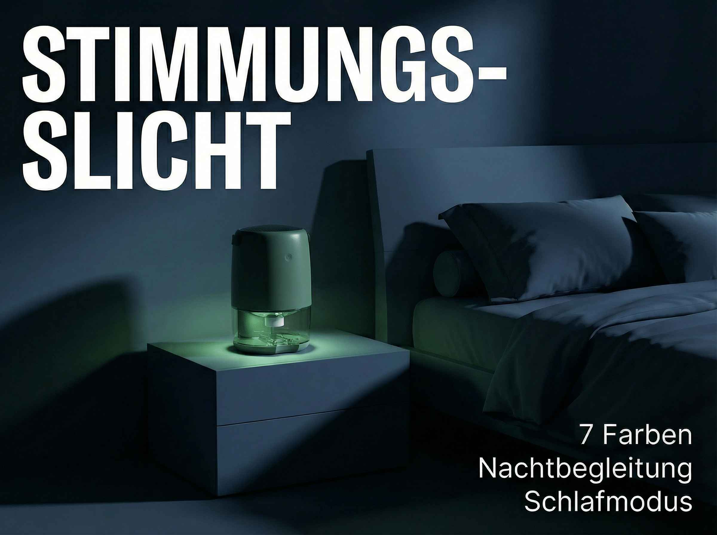 Stimmungslicht auf Nachttisch neben Bett. 7 Farben, Nachtbegleitung, Schlafmodus.