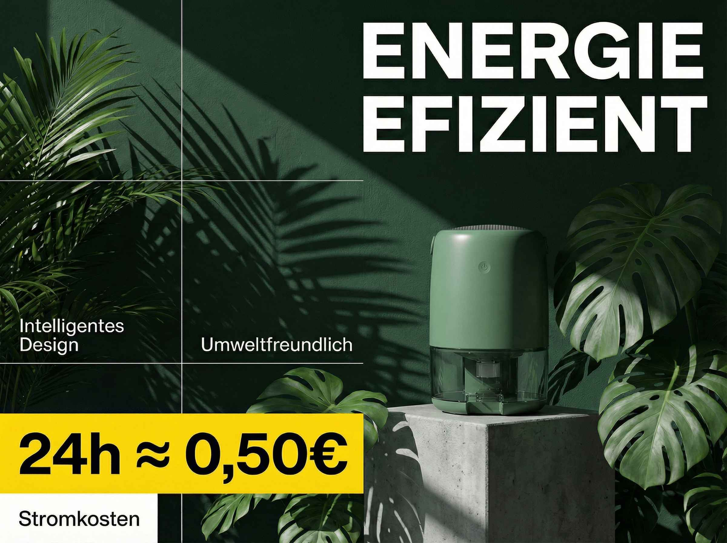 Ein grüner Luftentfeuchter mit Text über Energieeffizienz.