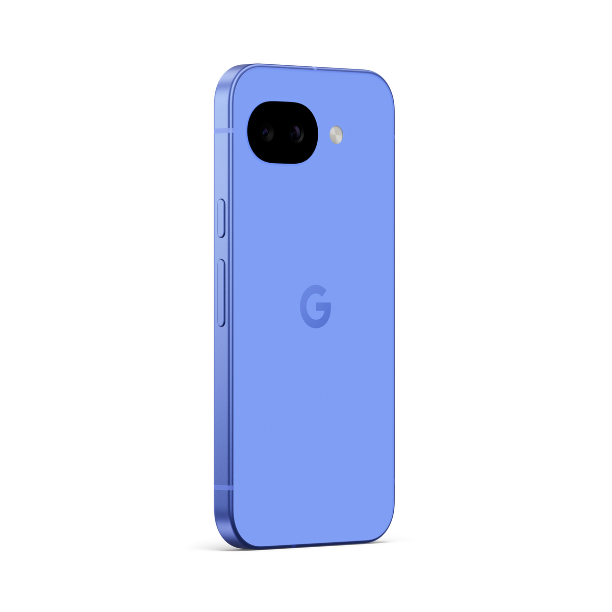 Fioletowy smartfon Google Pixel z dwoma aparatami i logo G z tyłu.
