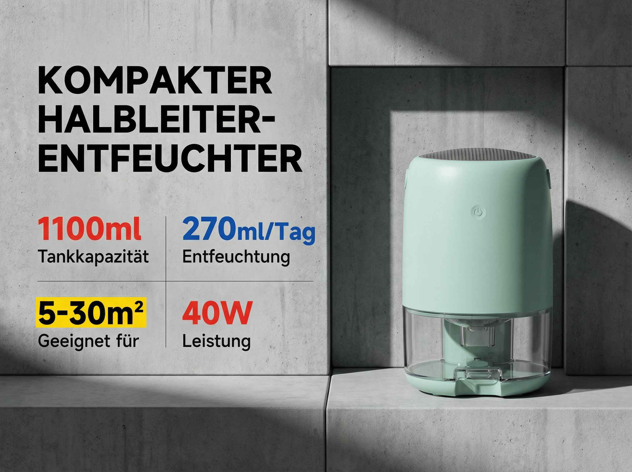 Ein mintgrüner Luftentfeuchter mit 1100ml Tankkapazität, 270ml/Tag für 5-30m².