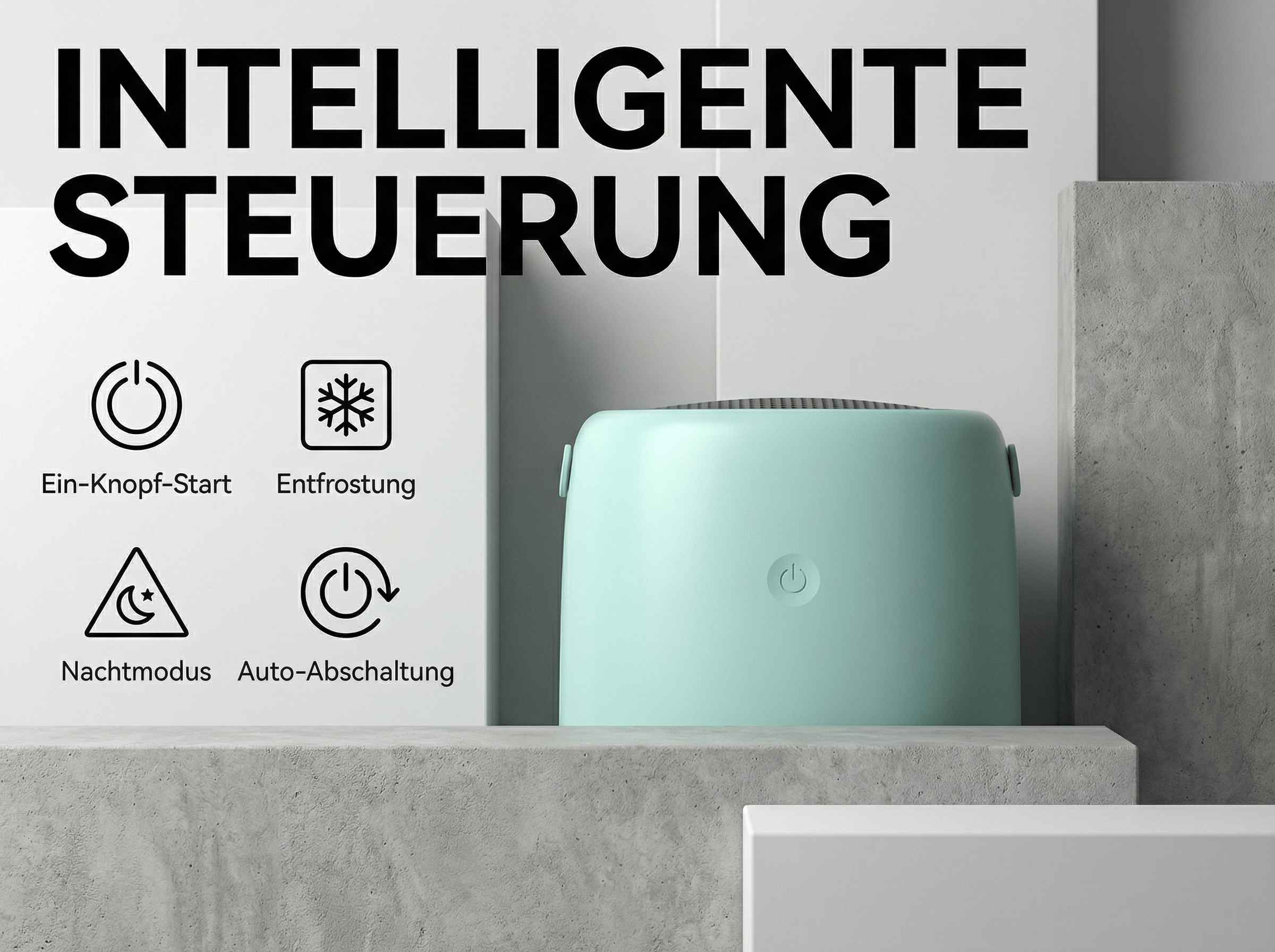 Ein hellgrünes Gerät mit Symbolen für Ein/Aus, Entfrostung, Nachtmodus und Auto-Abschaltung.