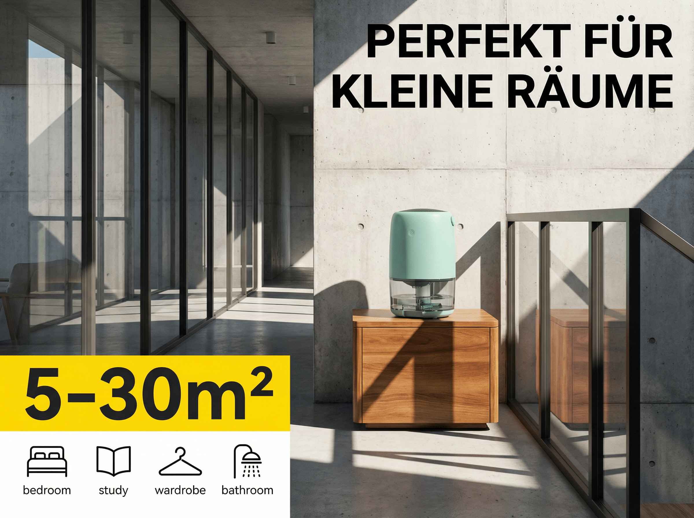 Ein moderner Luftreiniger steht auf einem Holzschrank neben einer Glaswand.